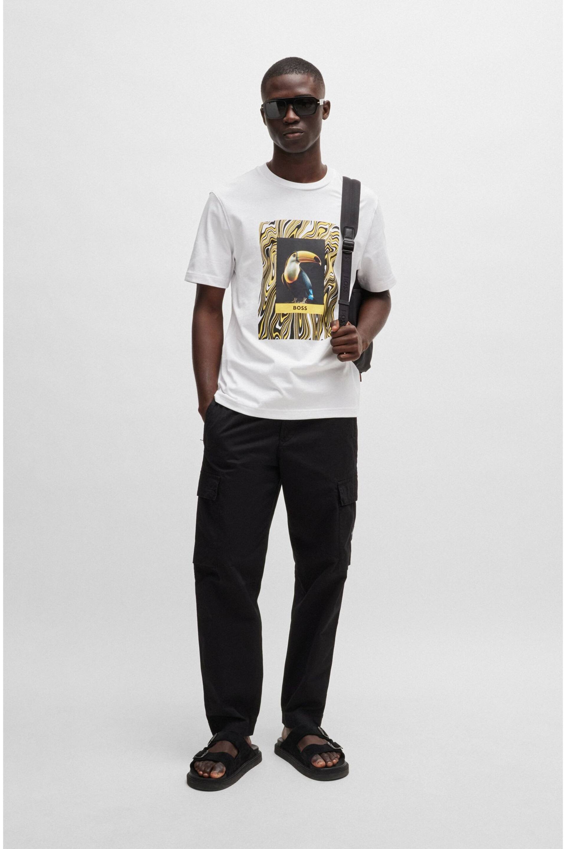 BOSS White/Yellow Cotton-Jersey Regular-Fit T-Shirt With Seasonal Artwork - Image 4 of 5