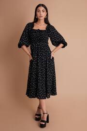 Another Sunday Shirred Bust 3/4 Sleeve Milkmaid Ditsy Print Black Dress - Image 1 of 6