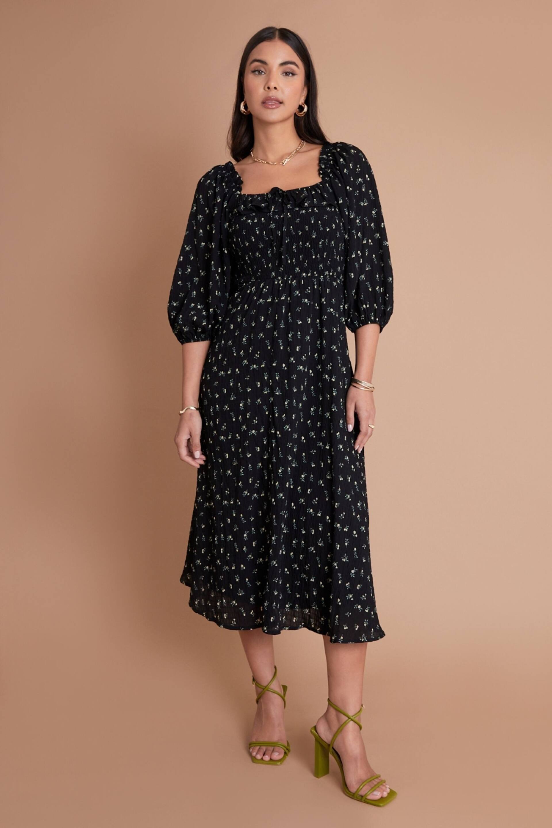 Another Sunday Shirred Bust 3/4 Sleeve Milkmaid Ditsy Print Black Dress - Image 2 of 6