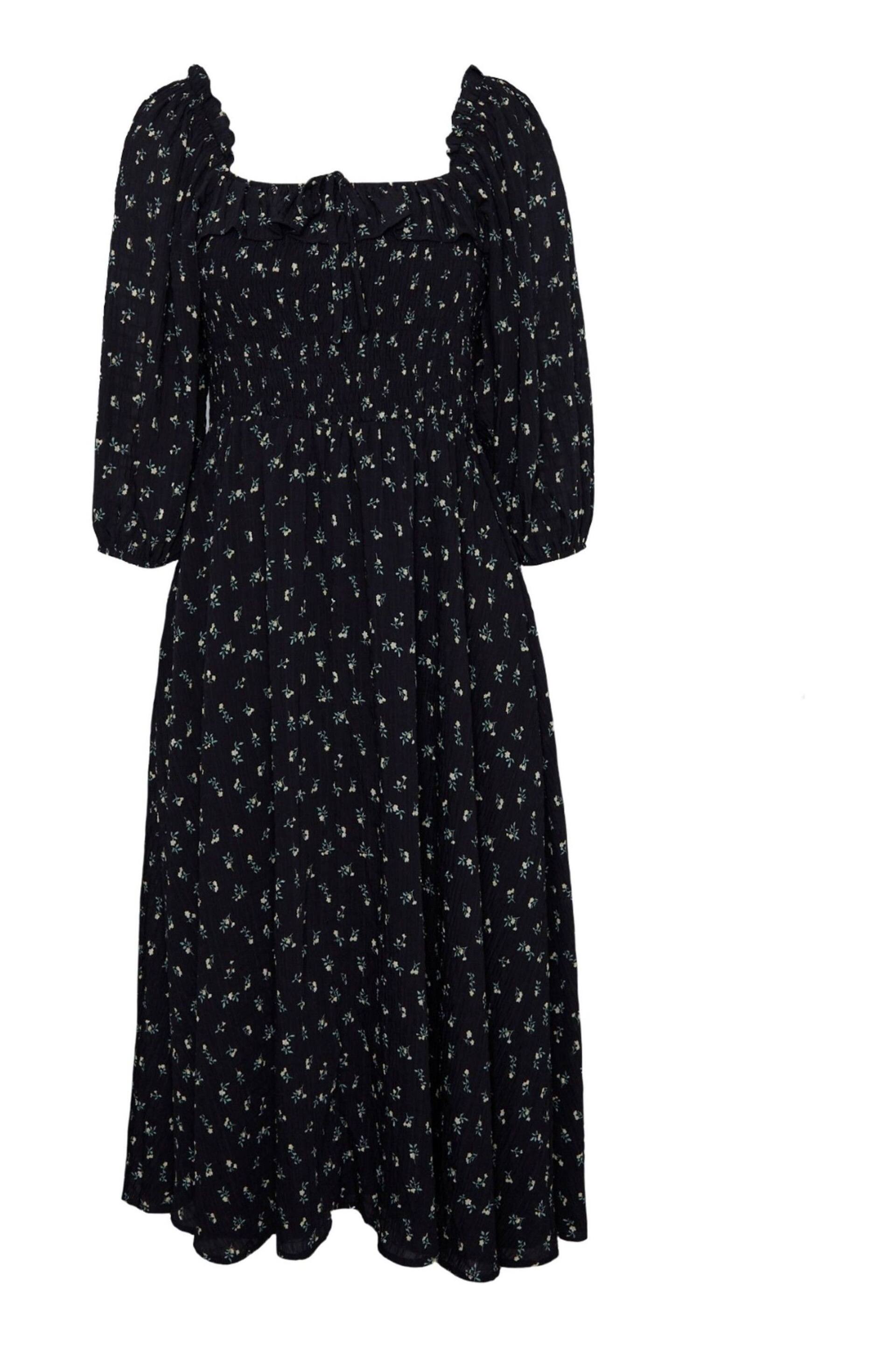 Another Sunday Shirred Bust 3/4 Sleeve Milkmaid Ditsy Print Black Dress - Image 4 of 6