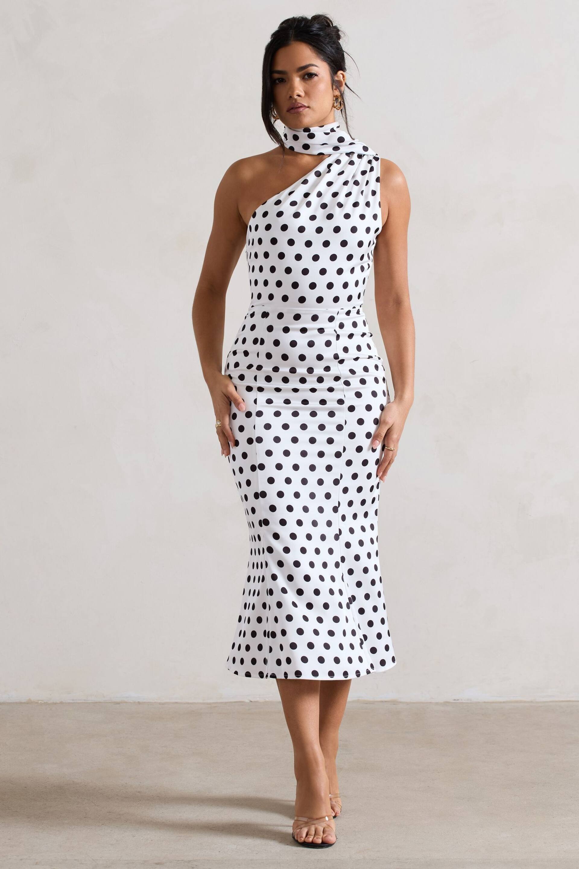 Club L London White Golden Girl Polka Dot Asymmetric High-Neck Flared Midi Dress - Image 1 of 5