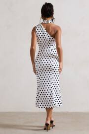 Club L London White Golden Girl Polka Dot Asymmetric High-Neck Flared Midi Dress - Image 2 of 5