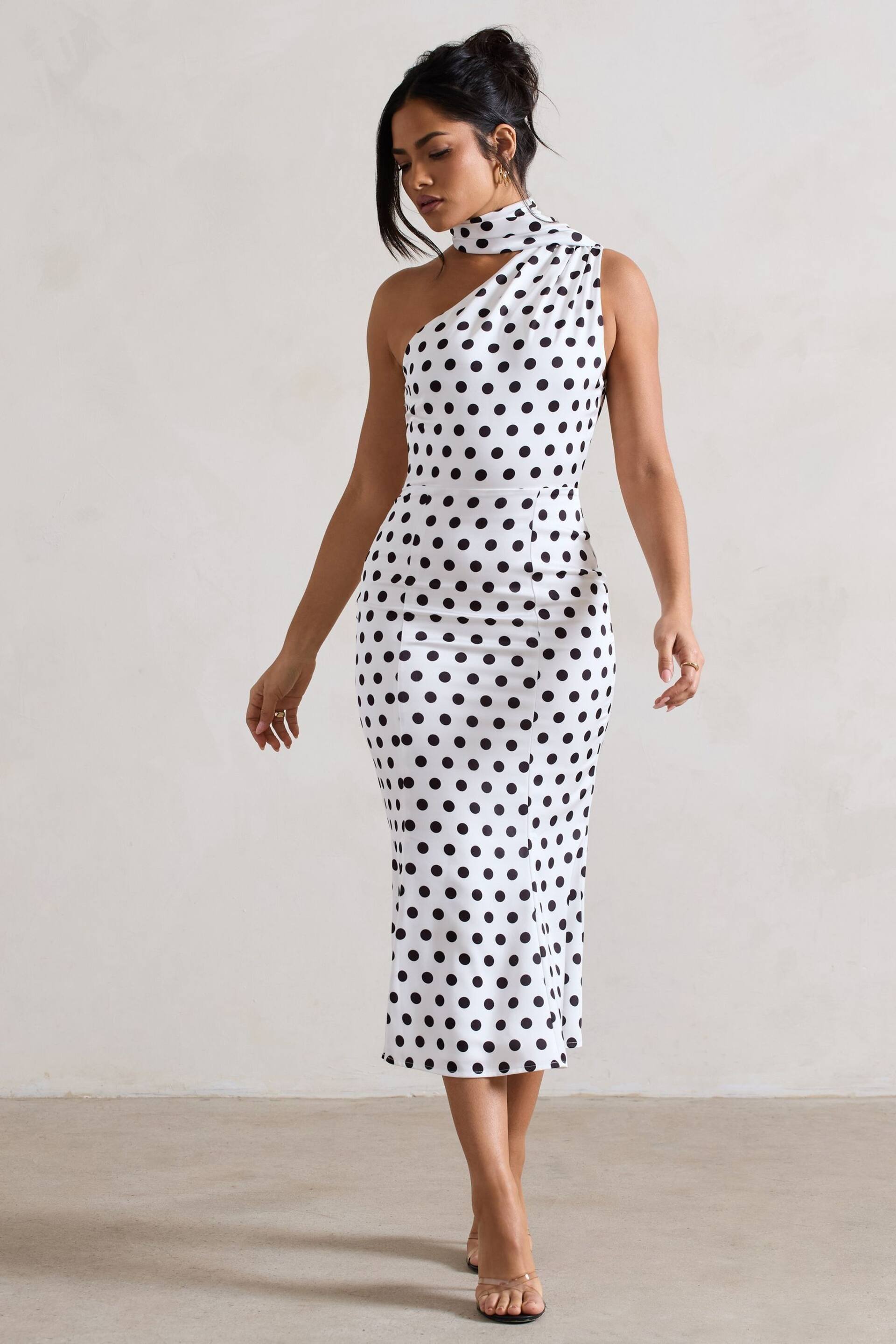 Club L London White Golden Girl Polka Dot Asymmetric High-Neck Flared Midi Dress - Image 4 of 5