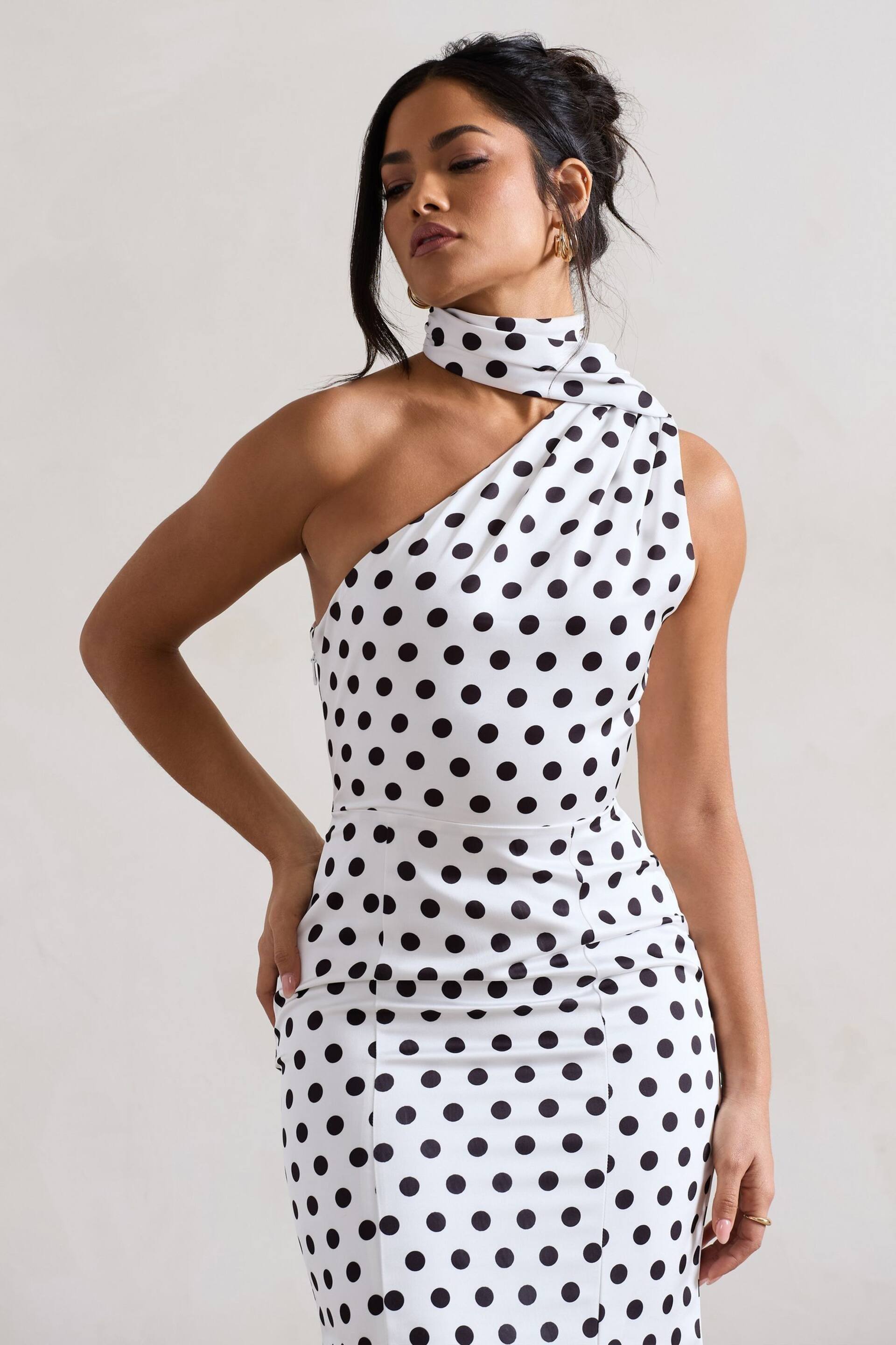 Club L London White Golden Girl Polka Dot Asymmetric High-Neck Flared Midi Dress - Image 5 of 5