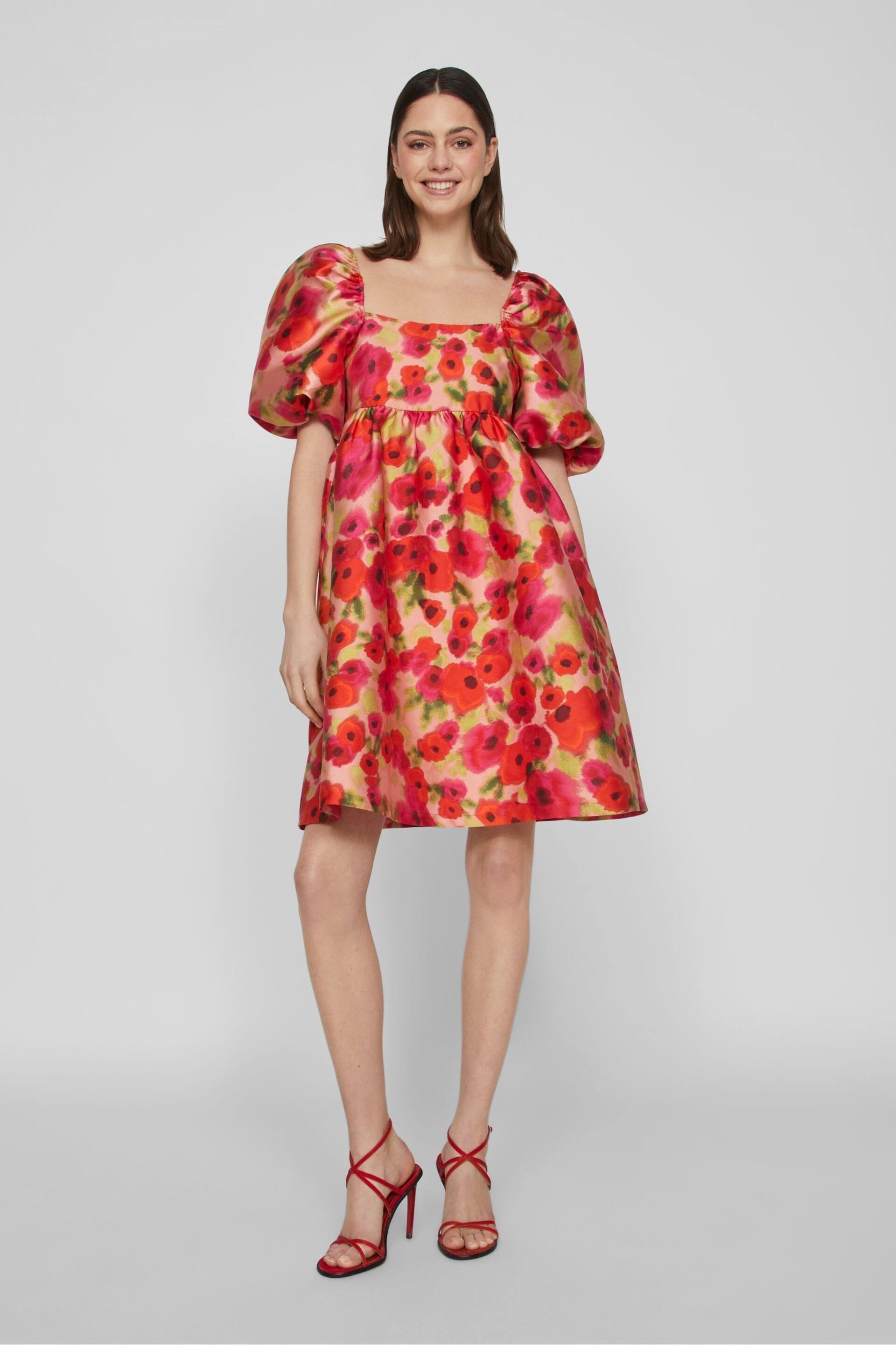 VILA Red Floral Baroque Puff Sleeve Mini Occasion Dress - Image 1 of 7