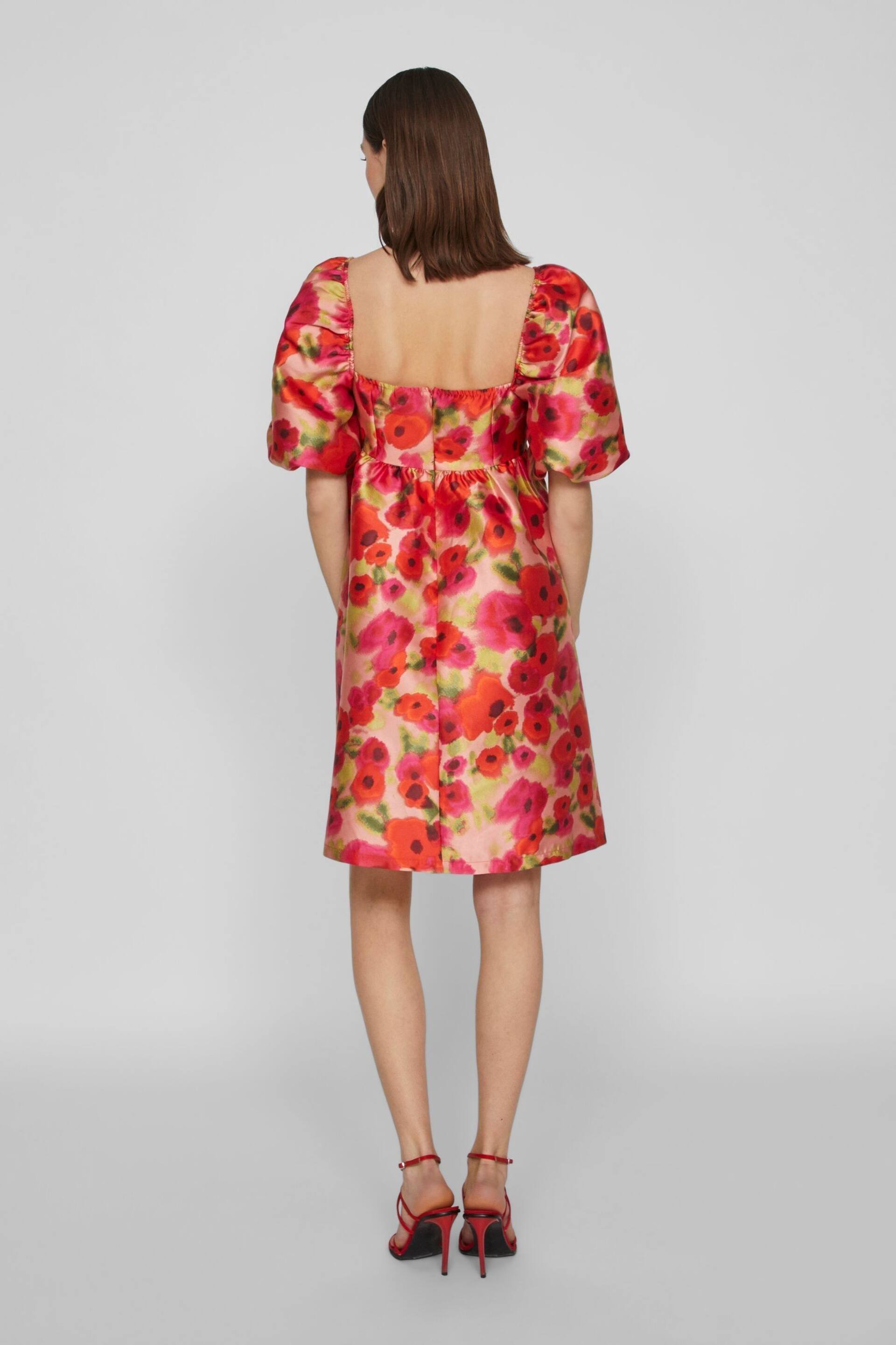 VILA Red Floral Baroque Puff Sleeve Mini Occasion Dress - Image 2 of 7