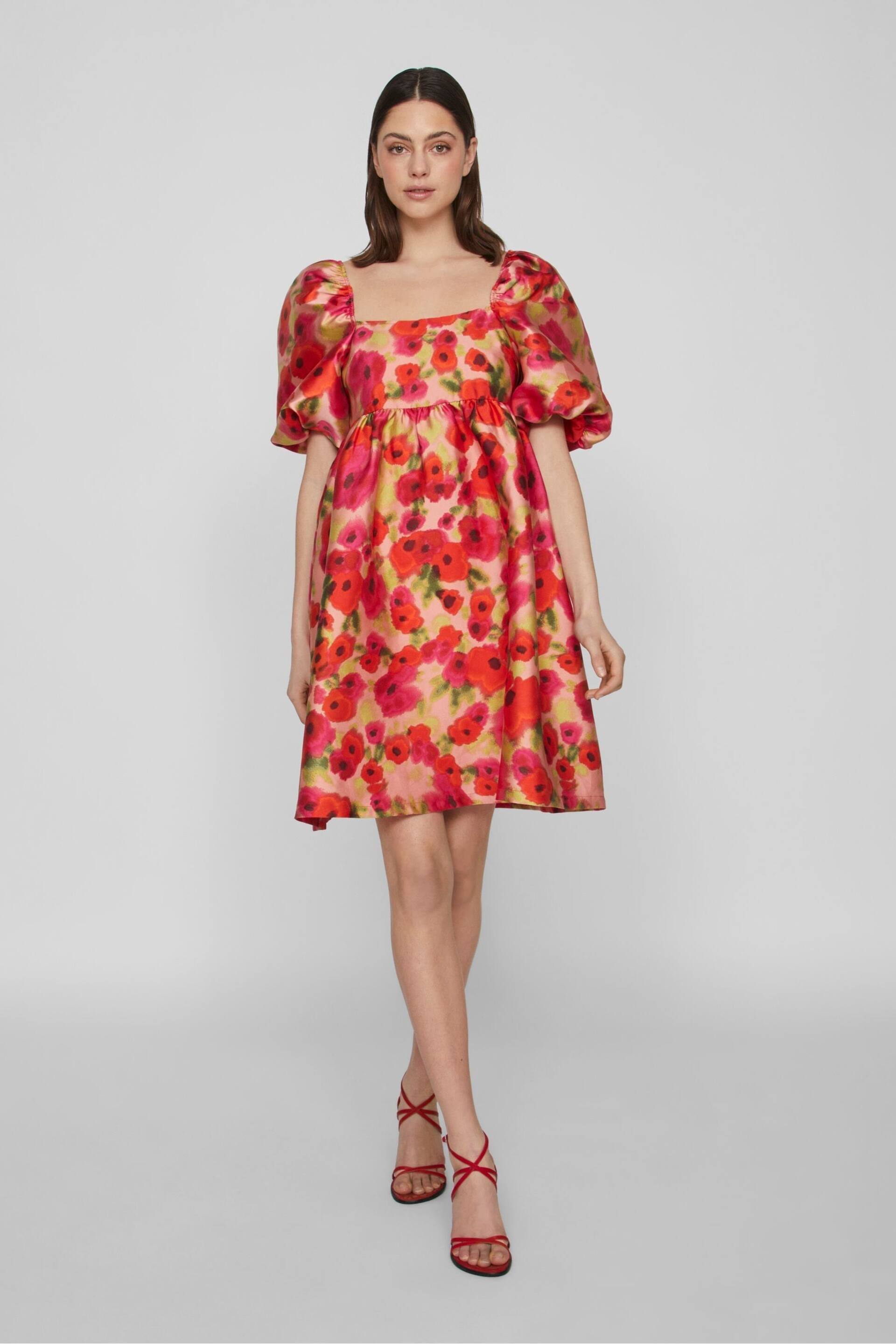 VILA Red Floral Baroque Puff Sleeve Mini Occasion Dress - Image 3 of 7