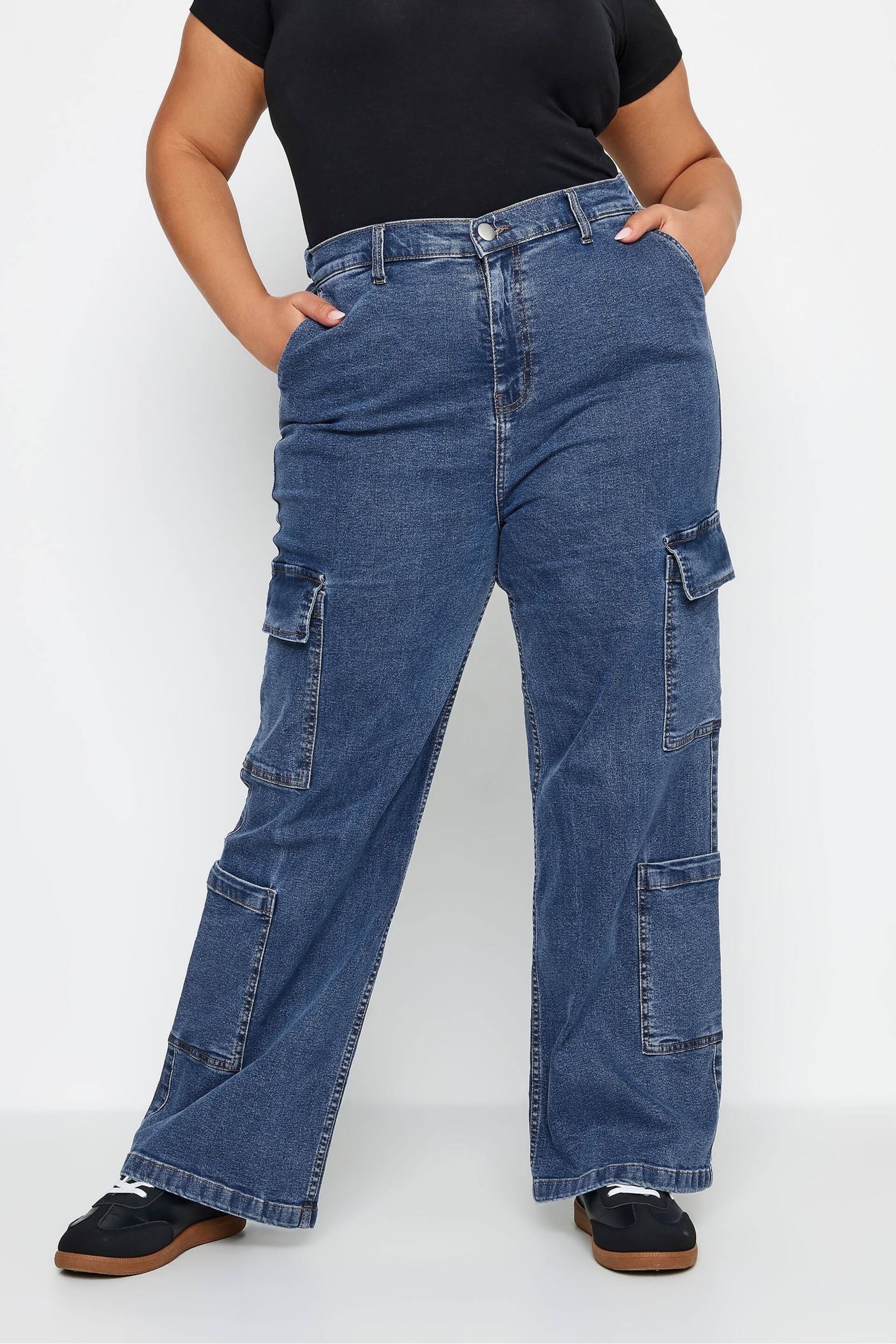 Yours Curve Blue Limited Collection Curve Mid Wash Wide Leg Cargo Jeans - Image 1 of 4