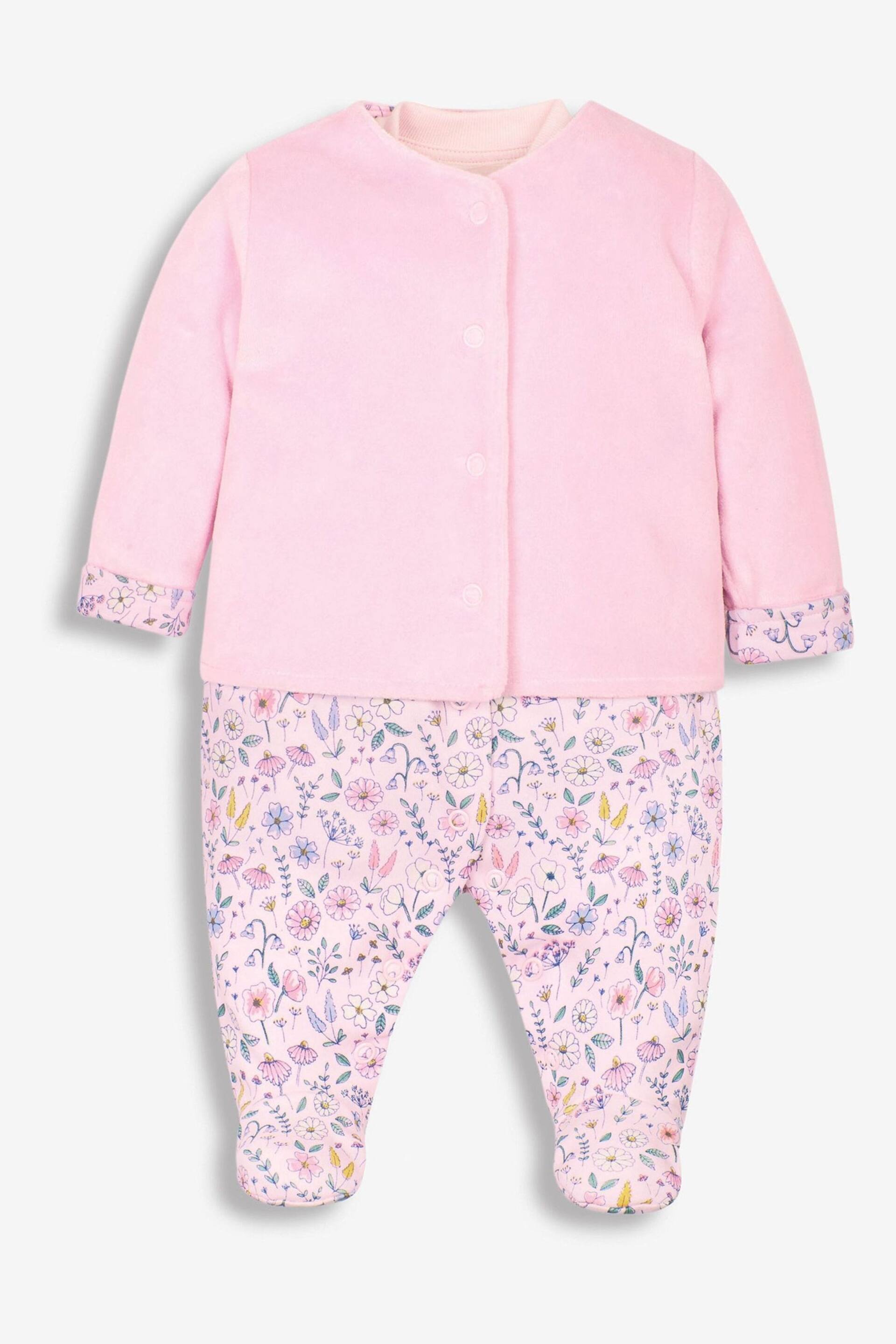 JoJo Maman Bébé Pink Floral 2-Piece Baby Sleepsuit & Velour Jacket Set - Image 3 of 9