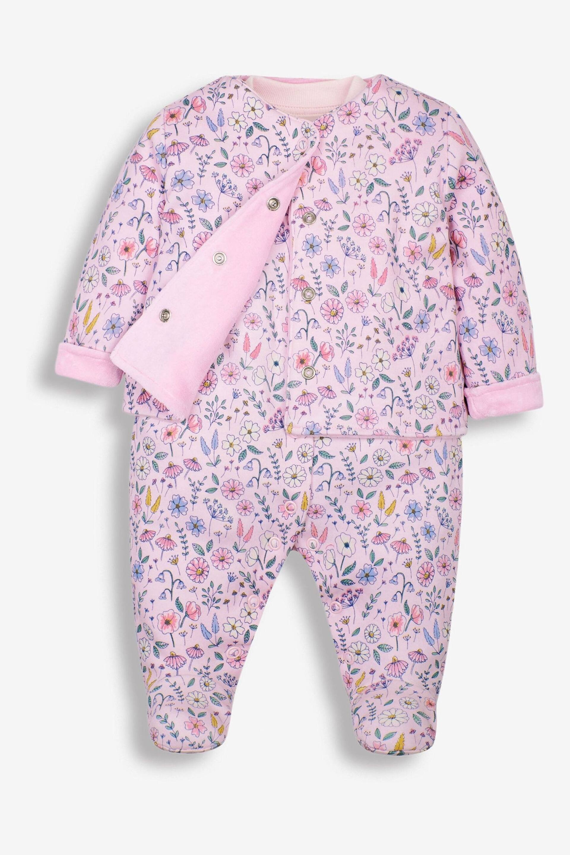 JoJo Maman Bébé Pink Floral 2-Piece Baby Sleepsuit & Velour Jacket Set - Image 4 of 9