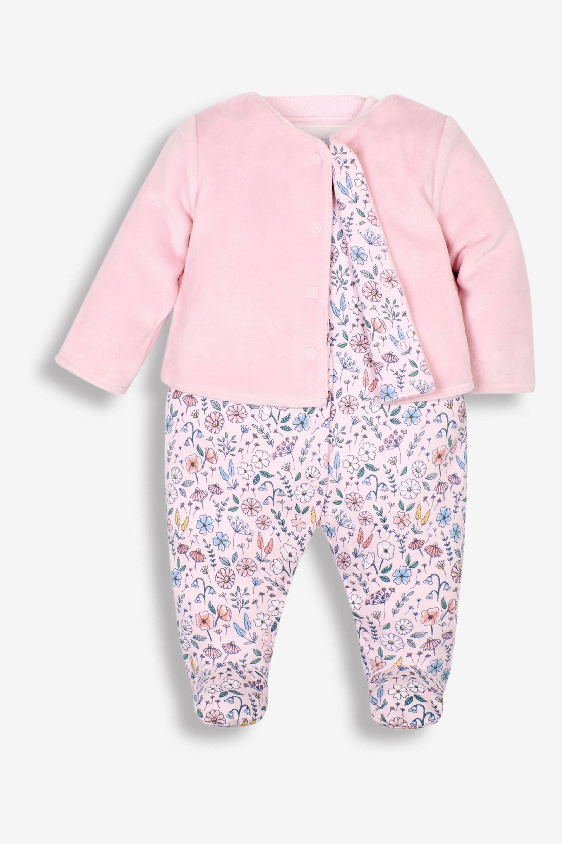 JoJo Maman Bébé Pink Floral 2-Piece Baby Sleepsuit & Velour Jacket Set - Image 5 of 9