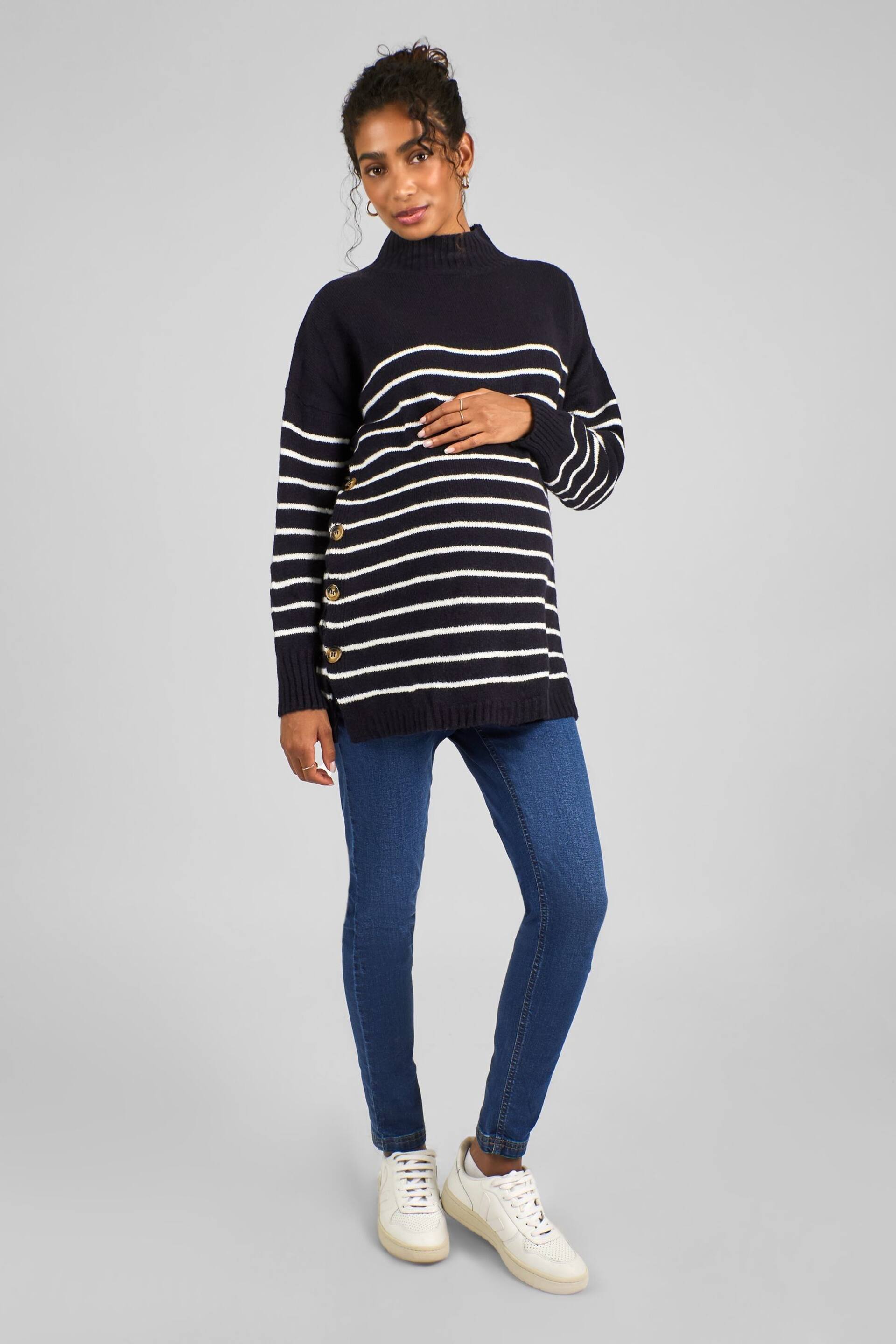 JoJo Maman Bébé Navy Blue & Ecru Cream Stripe Turtle Neck Maternity & Nursing Jumper - Image 1 of 2