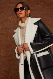 Chi Chi London Black Contrast Trim Belted Shearling Coat - Image 4 of 4