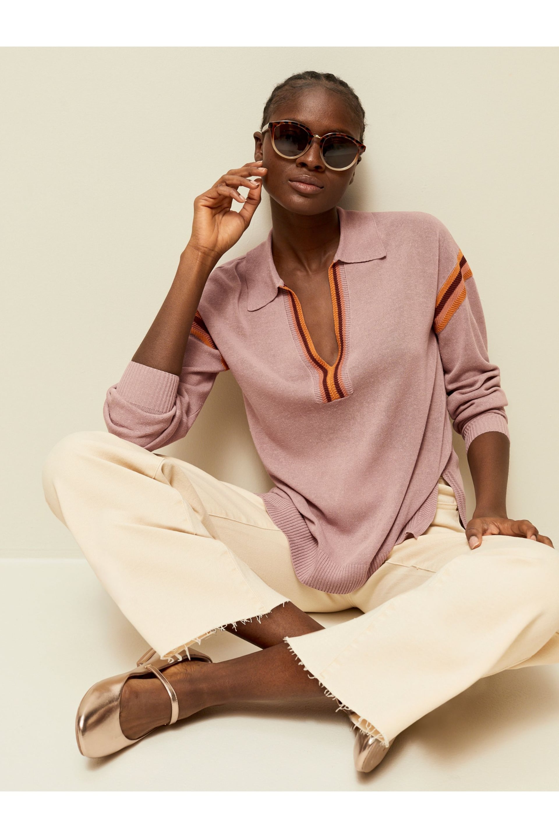 Blush Pink Tipped Linen Polo Long Sleeve Jumper - Image 2 of 6