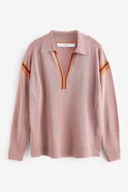Blush Pink Tipped Linen Polo Long Sleeve Jumper - Image 5 of 6