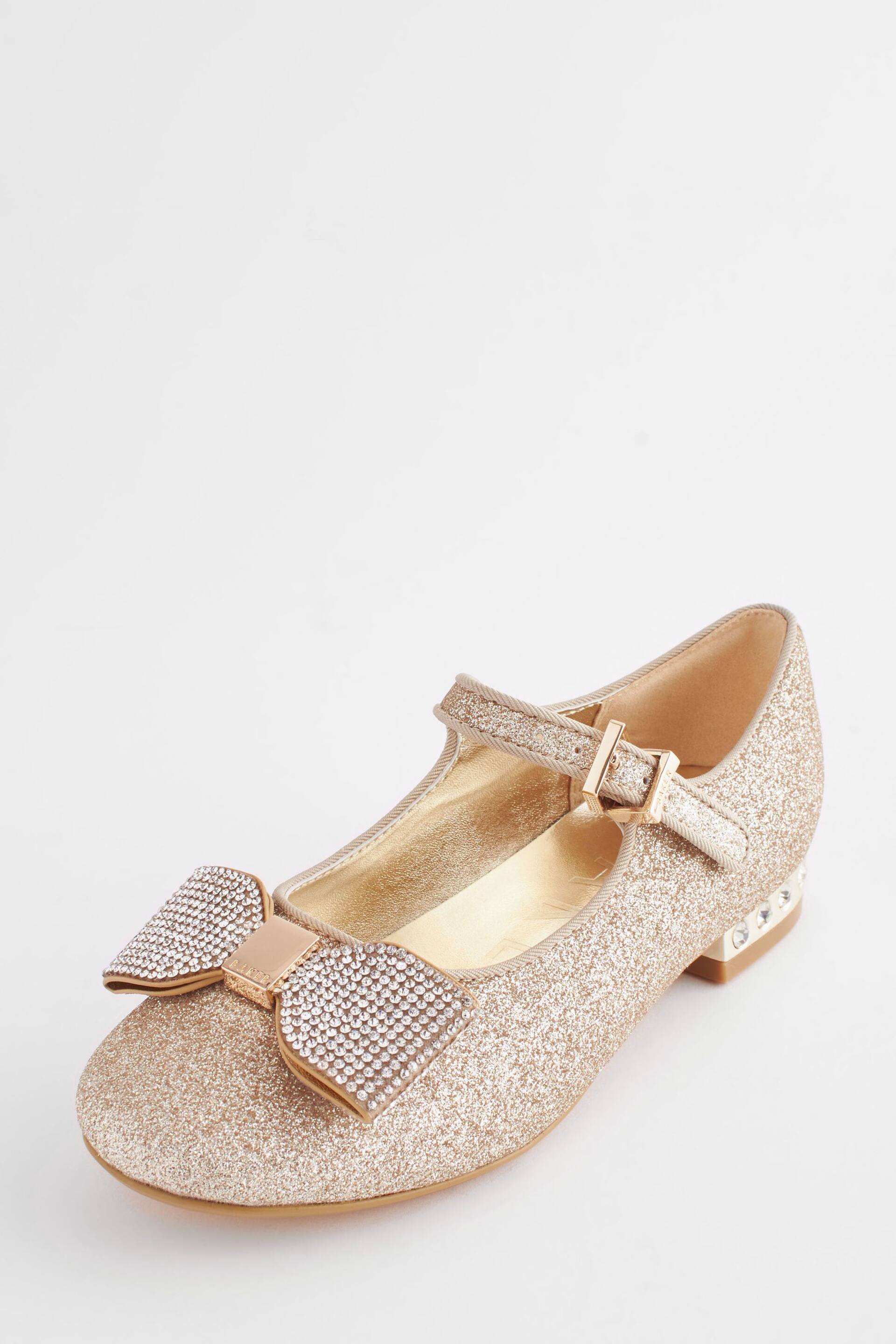 Baker by Ted Baker Girls Gold Glitter Shoes with Rhinestone Bow - Image 1 of 6