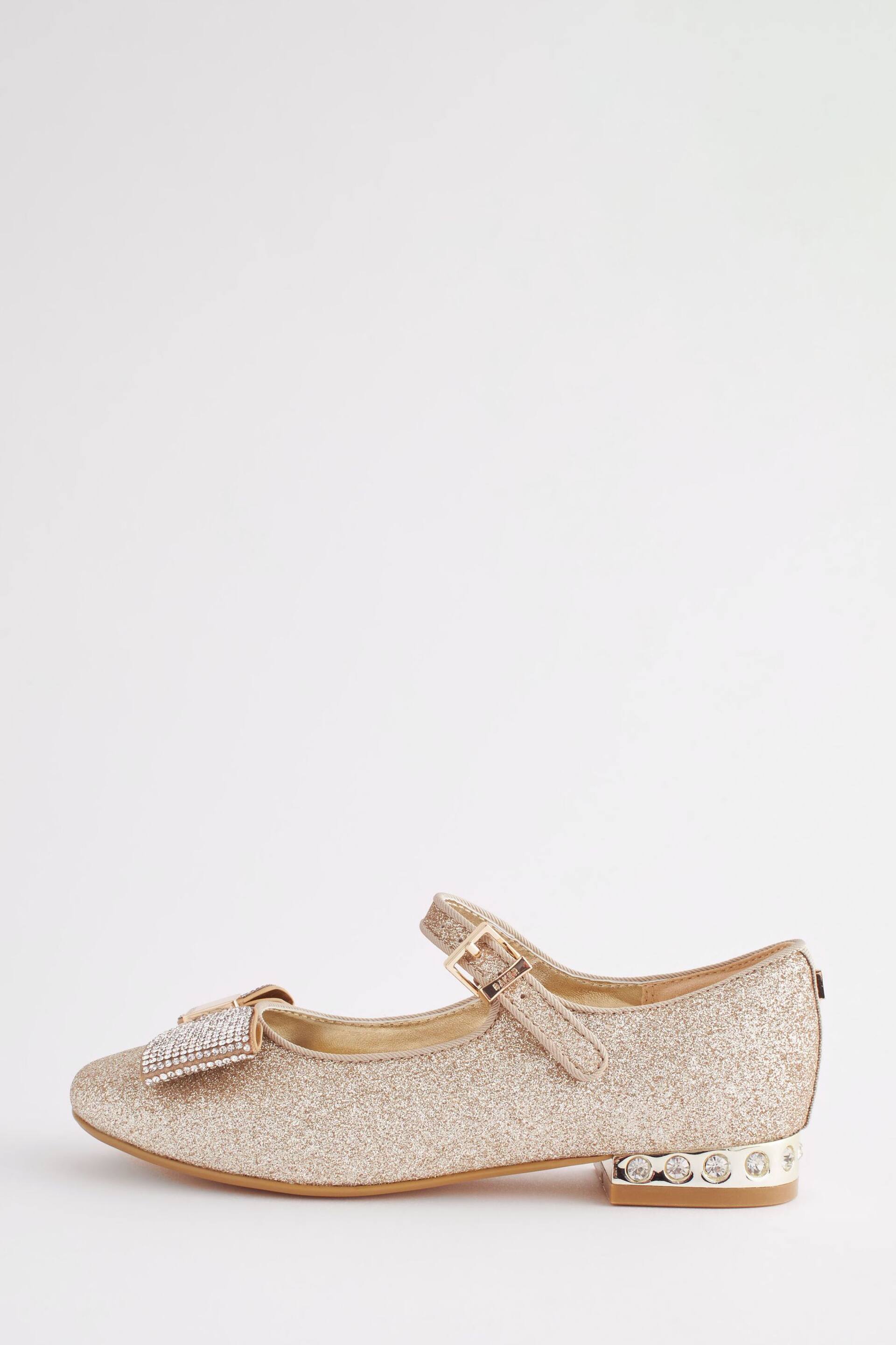 Baker by Ted Baker Girls Gold Glitter Shoes with Rhinestone Bow - Image 2 of 6