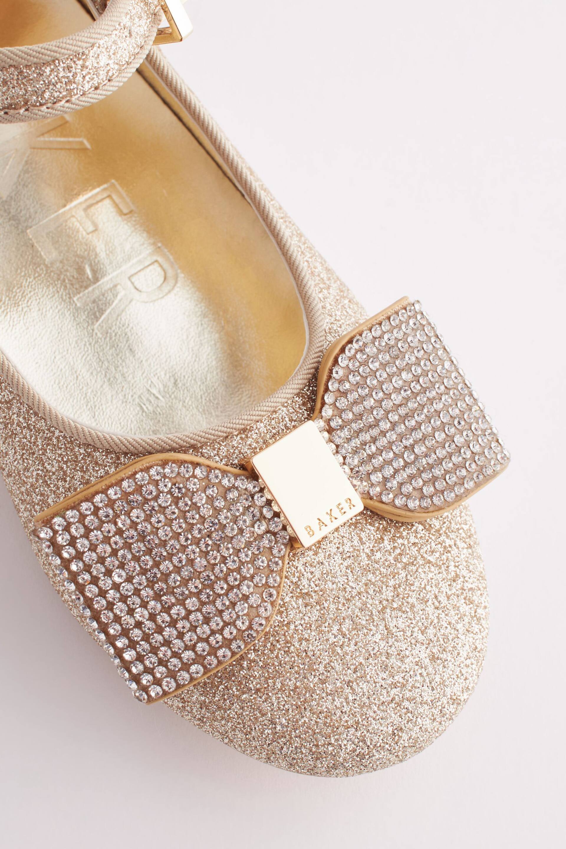 Baker by Ted Baker Girls Gold Glitter Shoes with Rhinestone Bow - Image 3 of 6