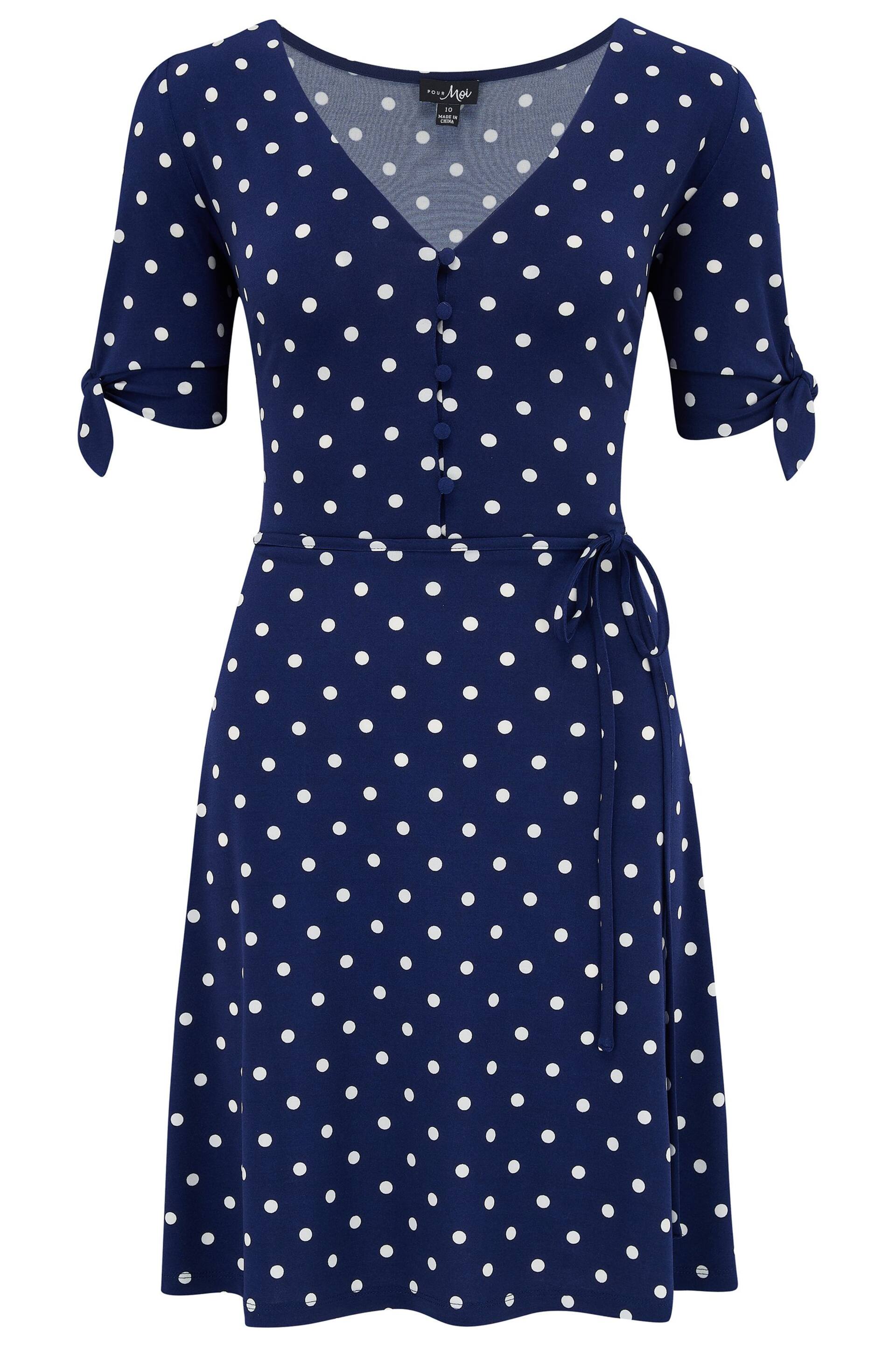 Pour Moi Navy Blue Polka Dot Bella Fuller Bust Slinky Stretch Tie Sleeve Mini Dress - Image 4 of 5