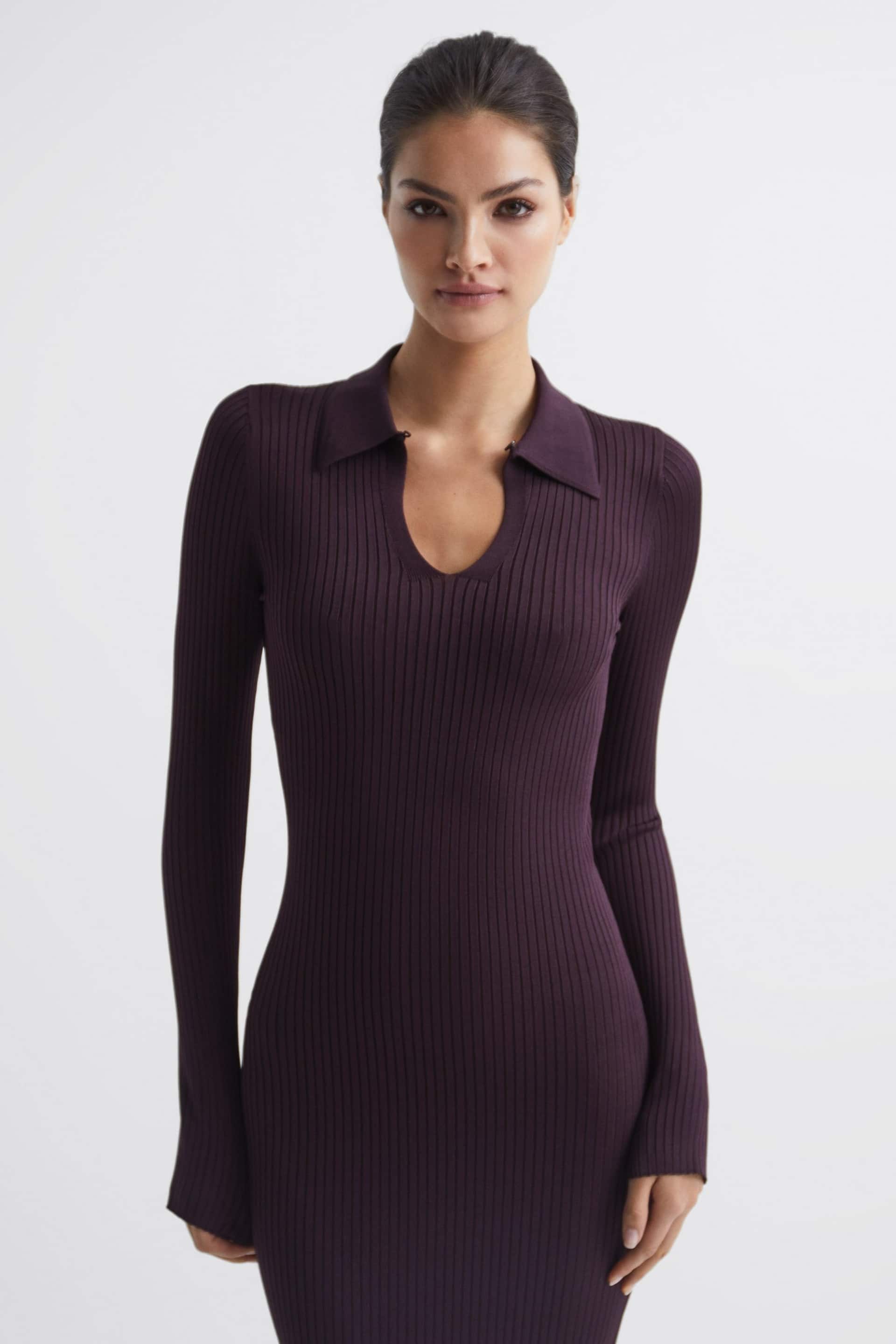 Reiss Purple Ronnie Collared Knitted Bodycon Dress - Image 6 of 7