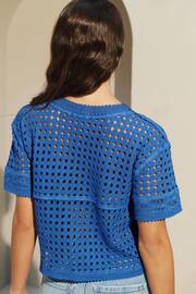 Bright Blue Short Sleeve Crochet Crew Neck T-Shirt - Image 3 of 6