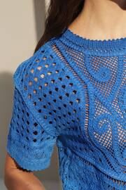 Bright Blue Short Sleeve Crochet Crew Neck T-Shirt - Image 4 of 6