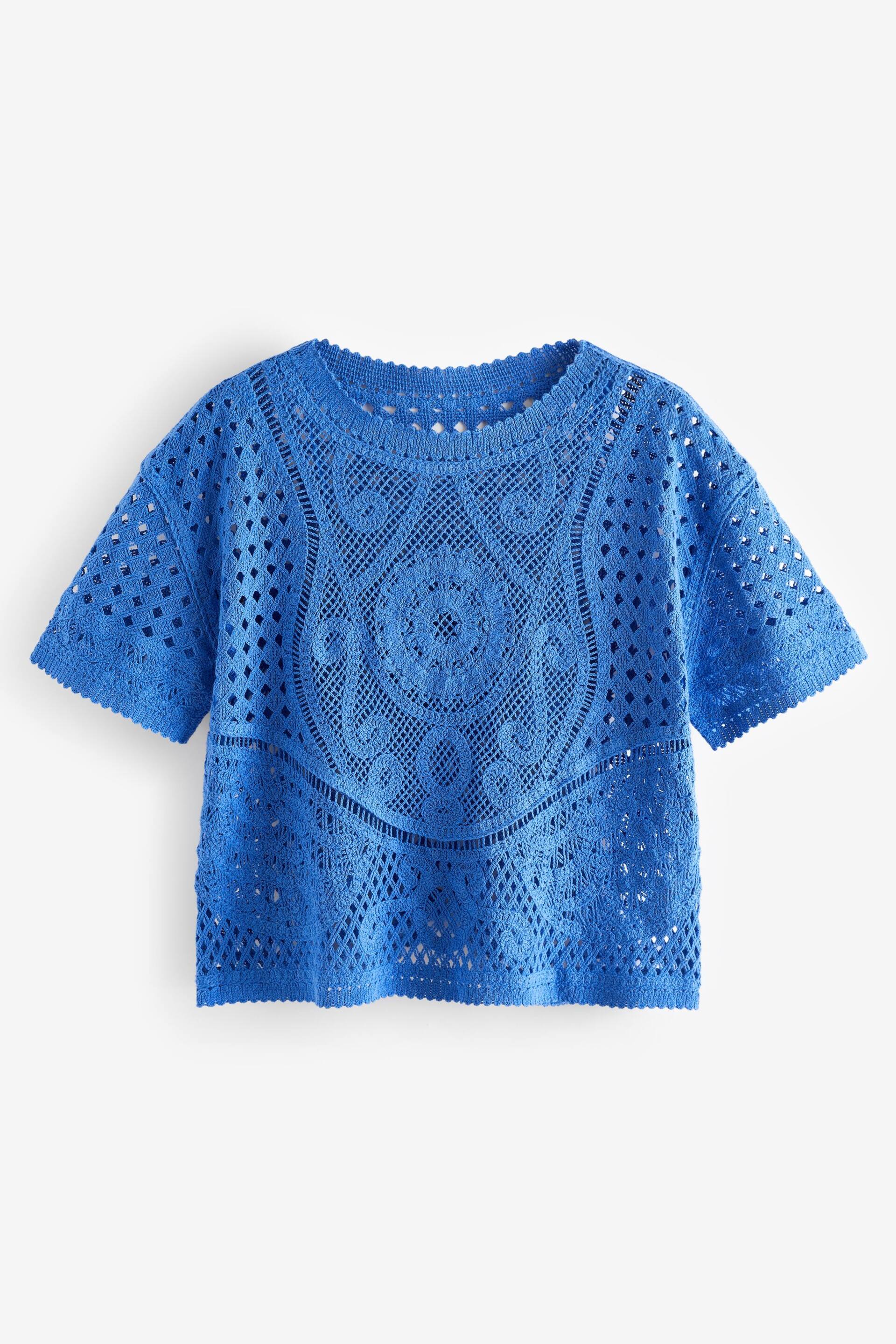 Bright Blue Short Sleeve Crochet Crew Neck T-Shirt - Image 5 of 6