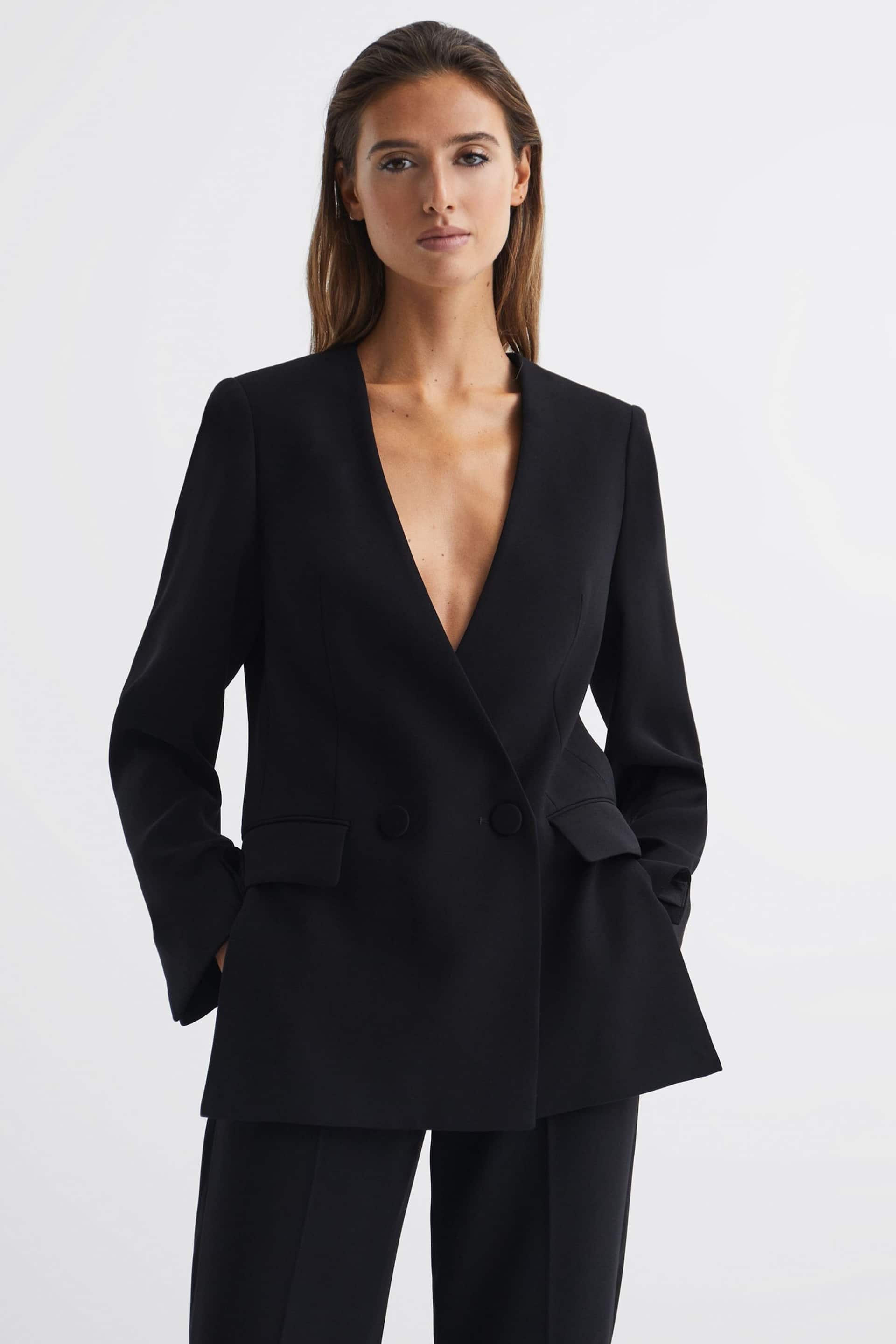 Reiss Black Margeaux Collarless Double Breasted Suit Blazer - Image 1 of 7