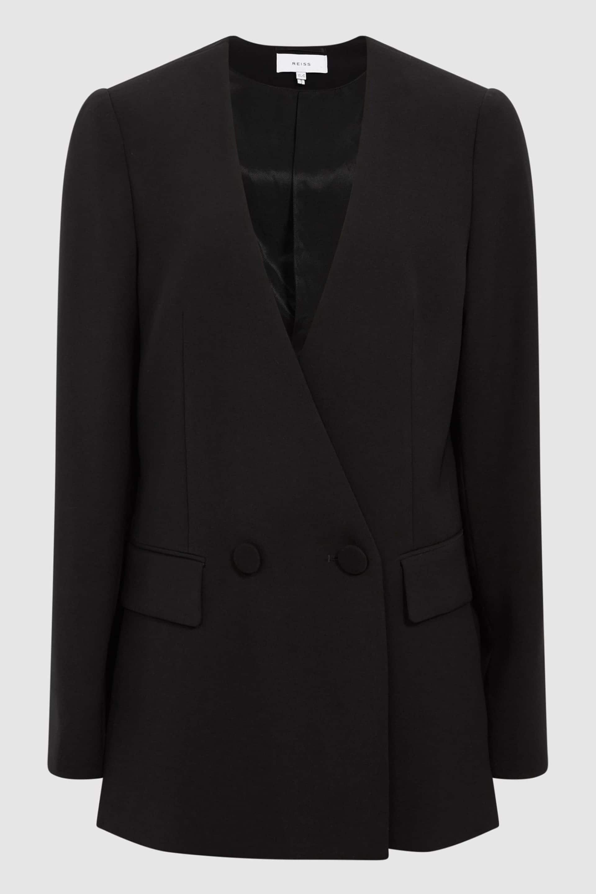 Reiss Black Margeaux Collarless Double Breasted Suit Blazer - Image 2 of 7