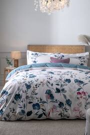 Blue/White Floral Oxford Edge Reversible 100% Cotton Duvet Cover and Pillowcase Set - Image 2 of 5