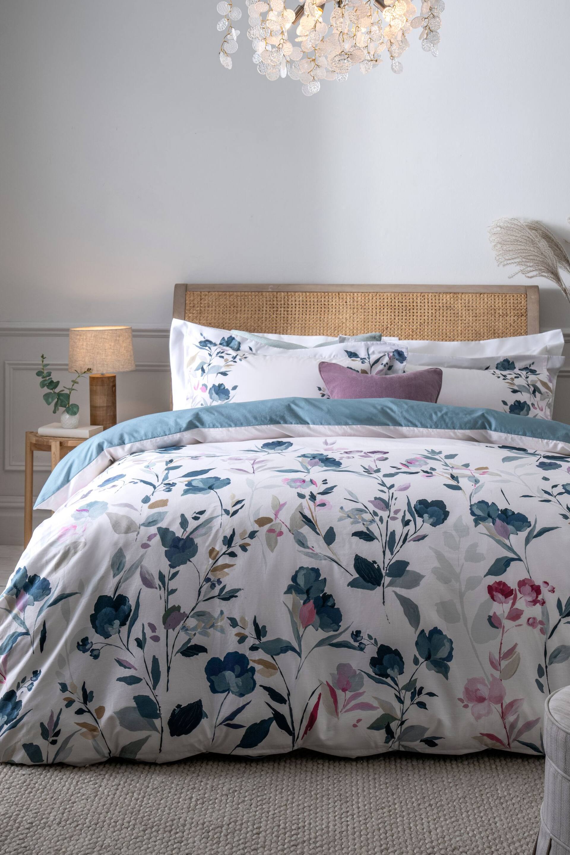 Blue/White Floral Oxford Edge Reversible 100% Cotton Duvet Cover and Pillowcase Set - Image 2 of 5