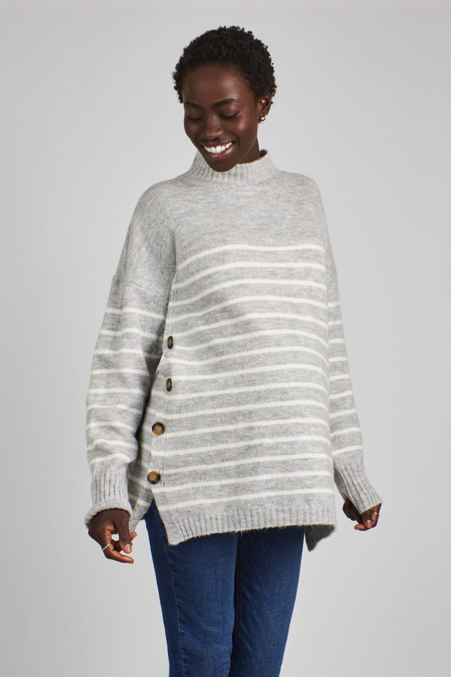 JoJo Maman Bébé Marl Grey & Ecru Cream Stripe Turtle Neck Maternity & Nursing Jumper - Image 1 of 5