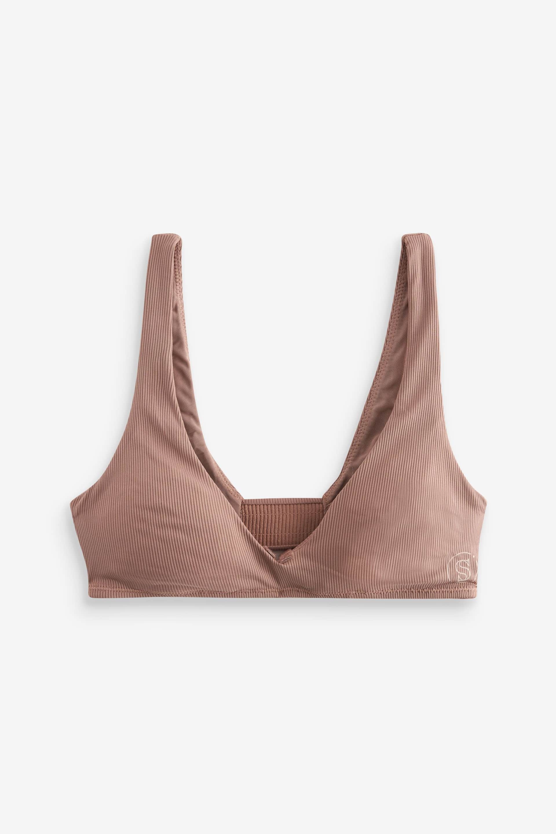 self. Mink Brown Ribbed Non Wire Plunge Pull-On Crop Bra - Image 5 of 7