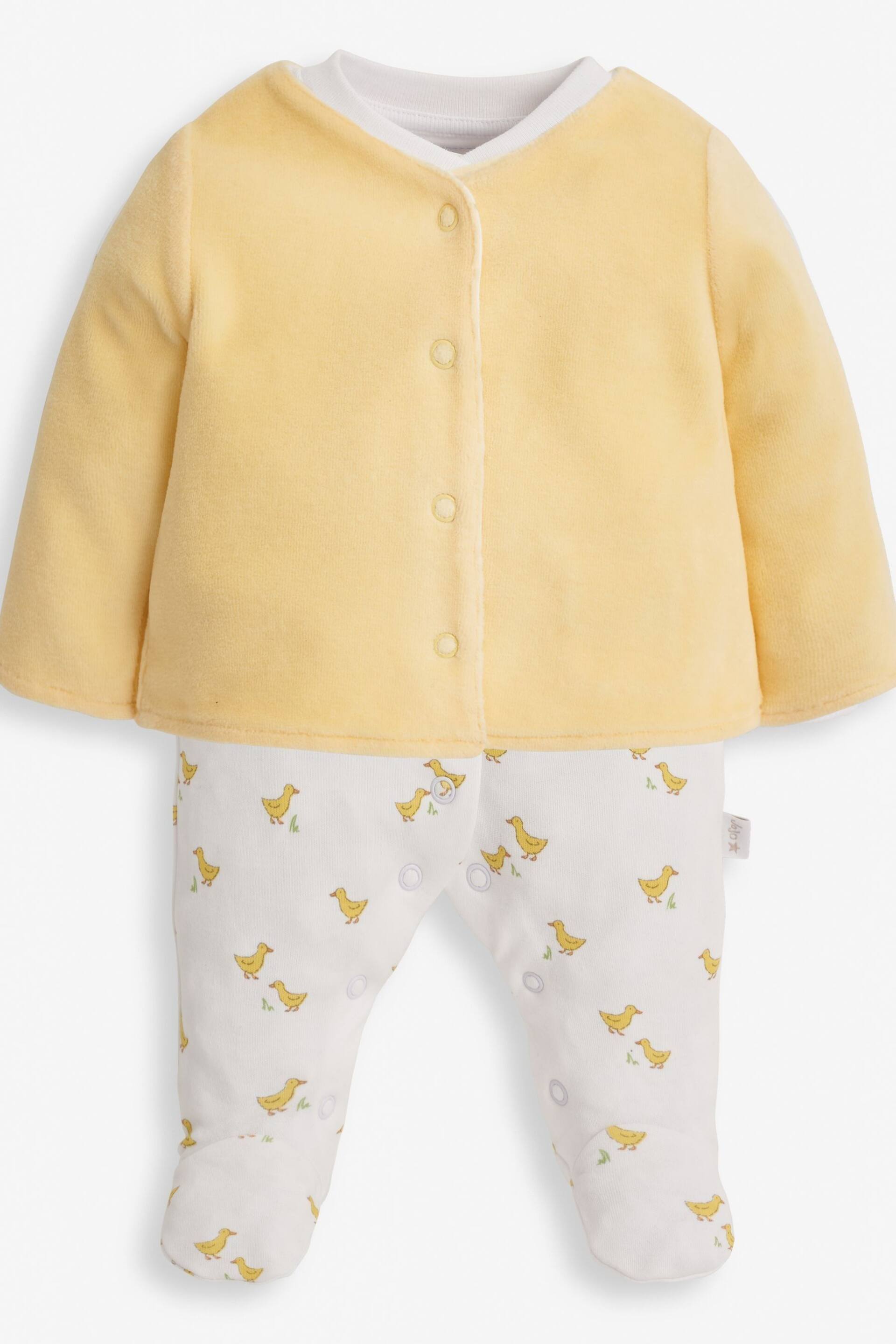 JoJo Maman Bébé Yellow Duck 2-Piece Baby Sleepsuit & Velour Jacket Set - Image 1 of 6