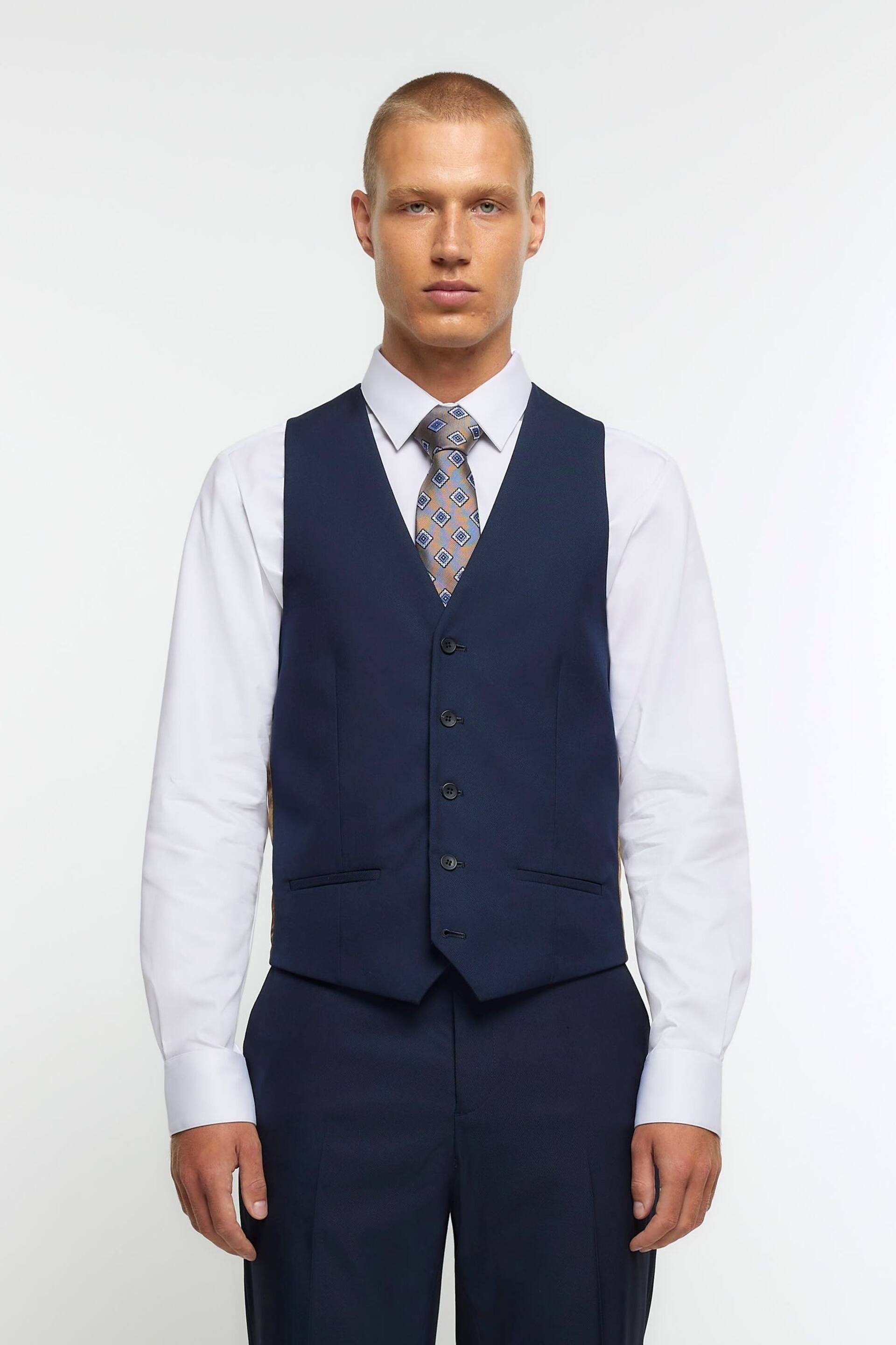 River Island Dark blue Skinny Fit Twill Waistcoat - Image 1 of 5