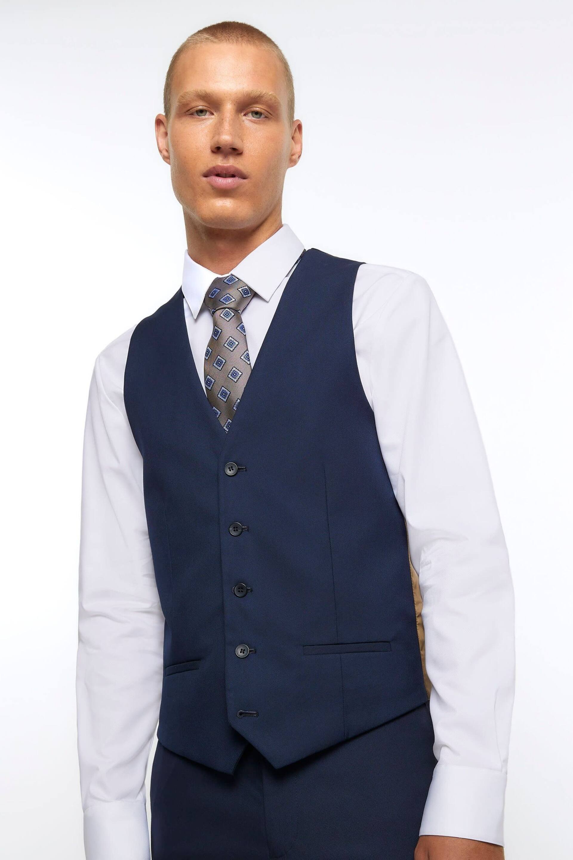 River Island Dark blue Skinny Fit Twill Waistcoat - Image 3 of 5