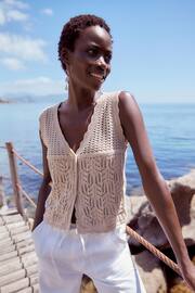 Ecru Cream Crochet Gem Button Vest - Image 1 of 6