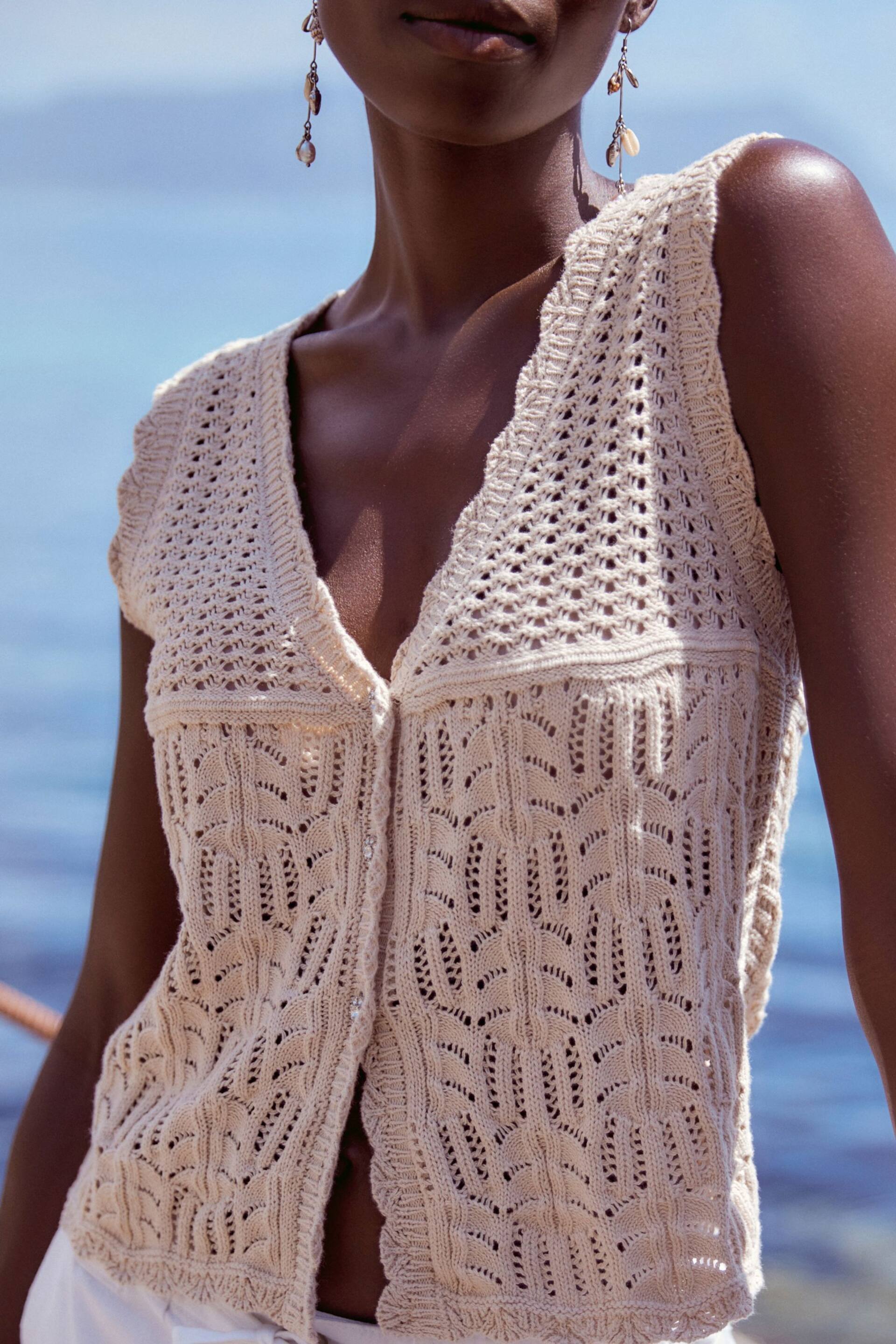 Ecru Cream Crochet Gem Button Vest - Image 4 of 6