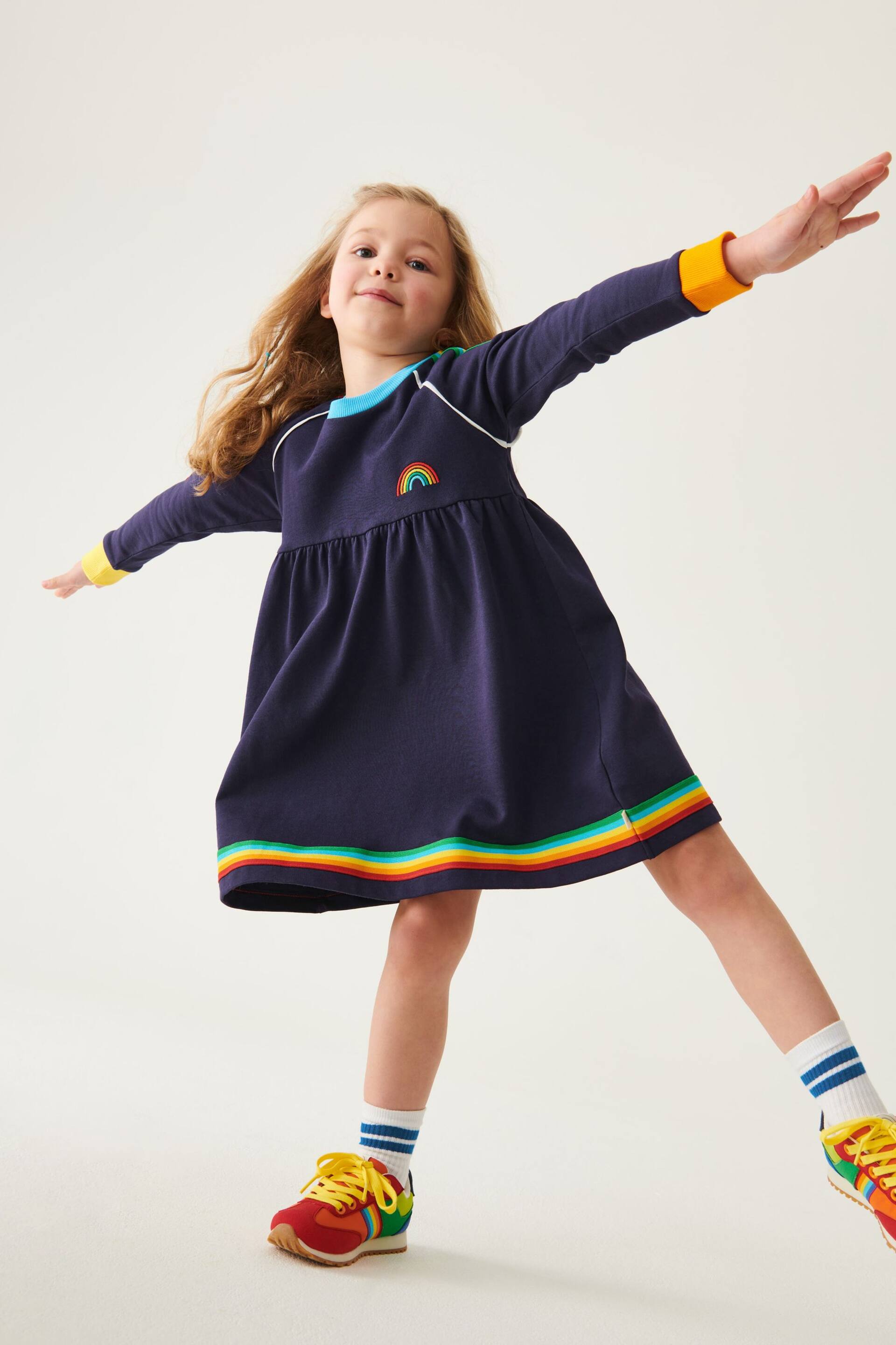 Little Bird by Jools Oliver Navy Little Bird by Jools Oliver Long Sleeve Rainbow Dress - Image 4 of 8