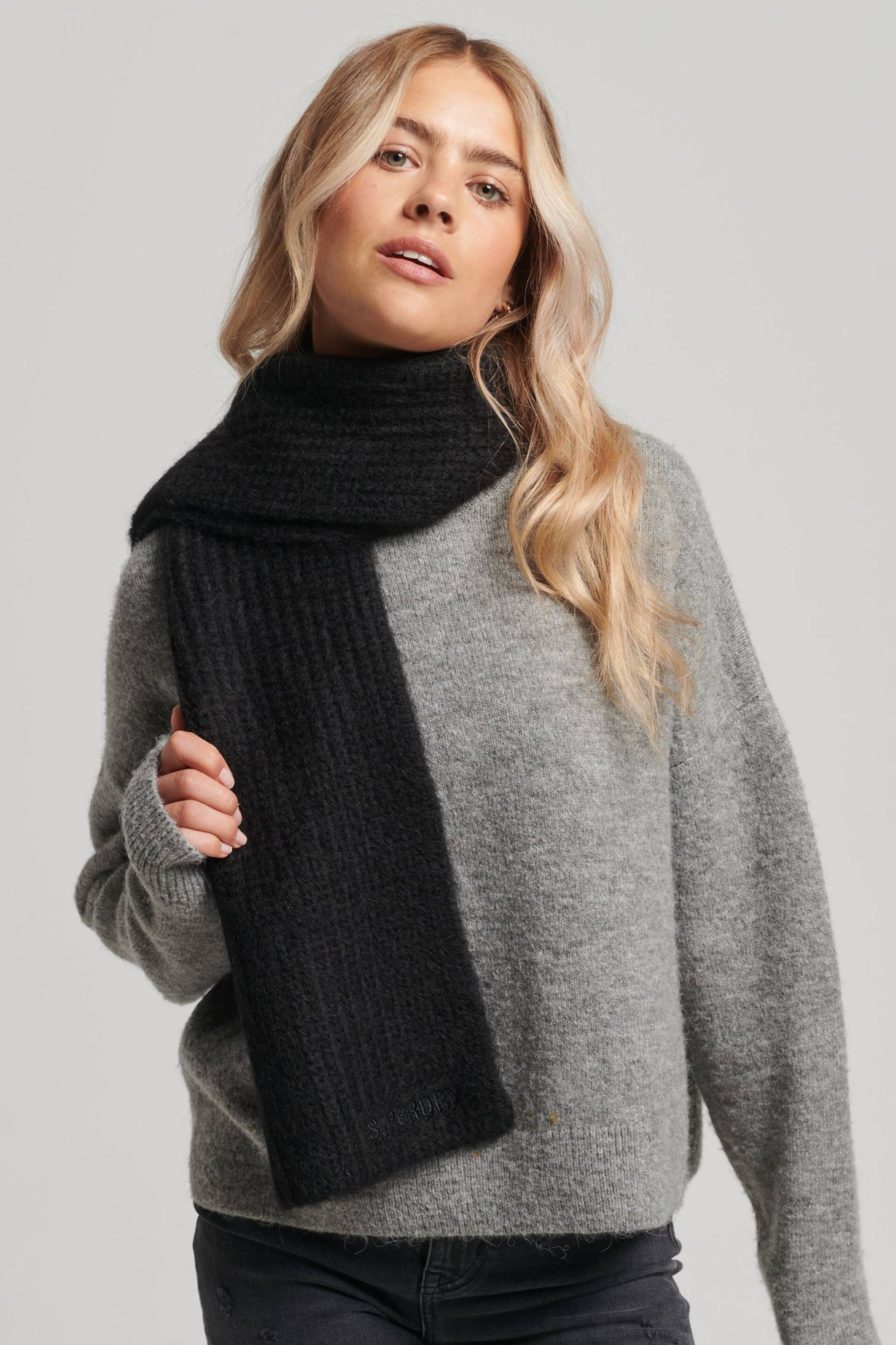 Superdry Black Essential Ribbed Scarf - Image 1 of 3