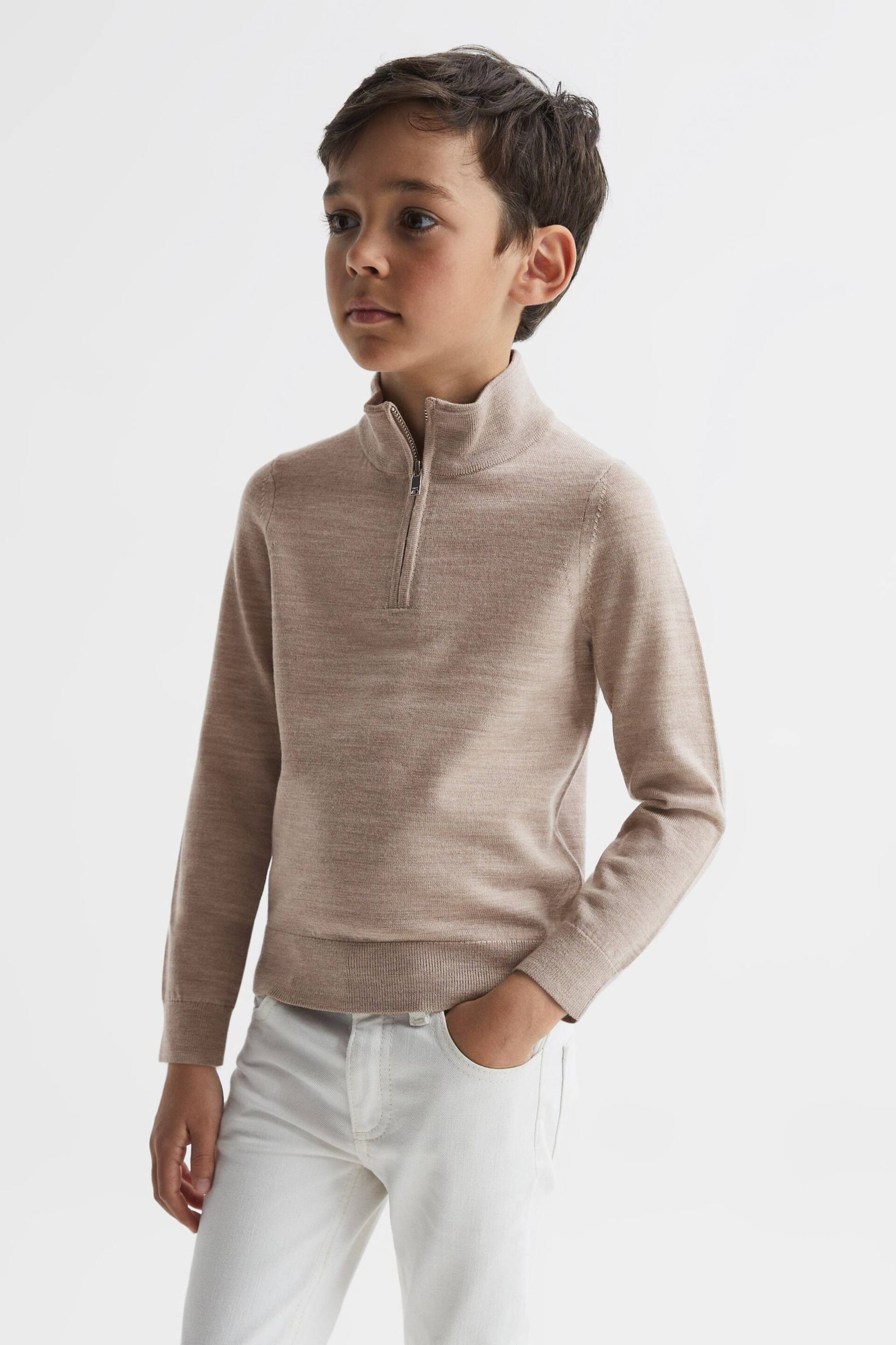 Reiss Wheat Melange Blackhall Senior Slim Fit Merino Wool Zip Neck Jumper - Image 3 of 6