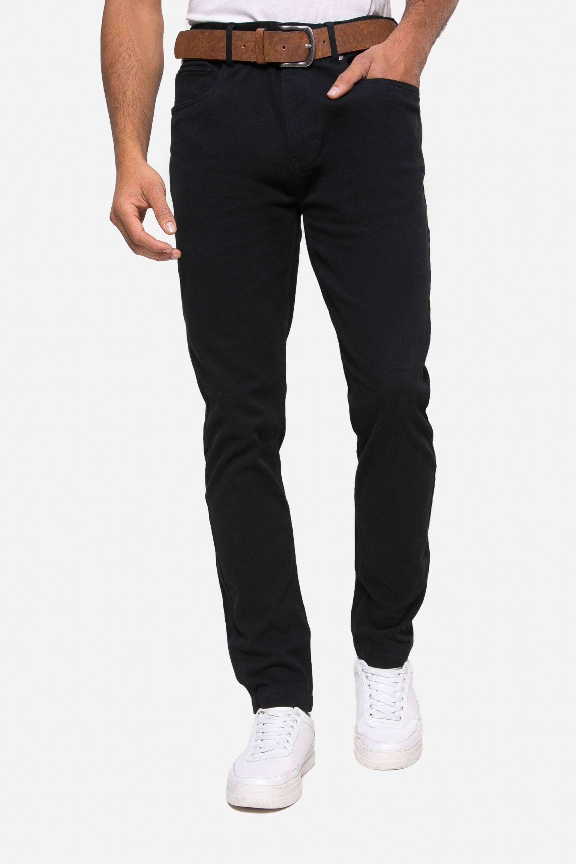 Threadbare Black Belted Stretch Chino Trousers - Image 1 of 4