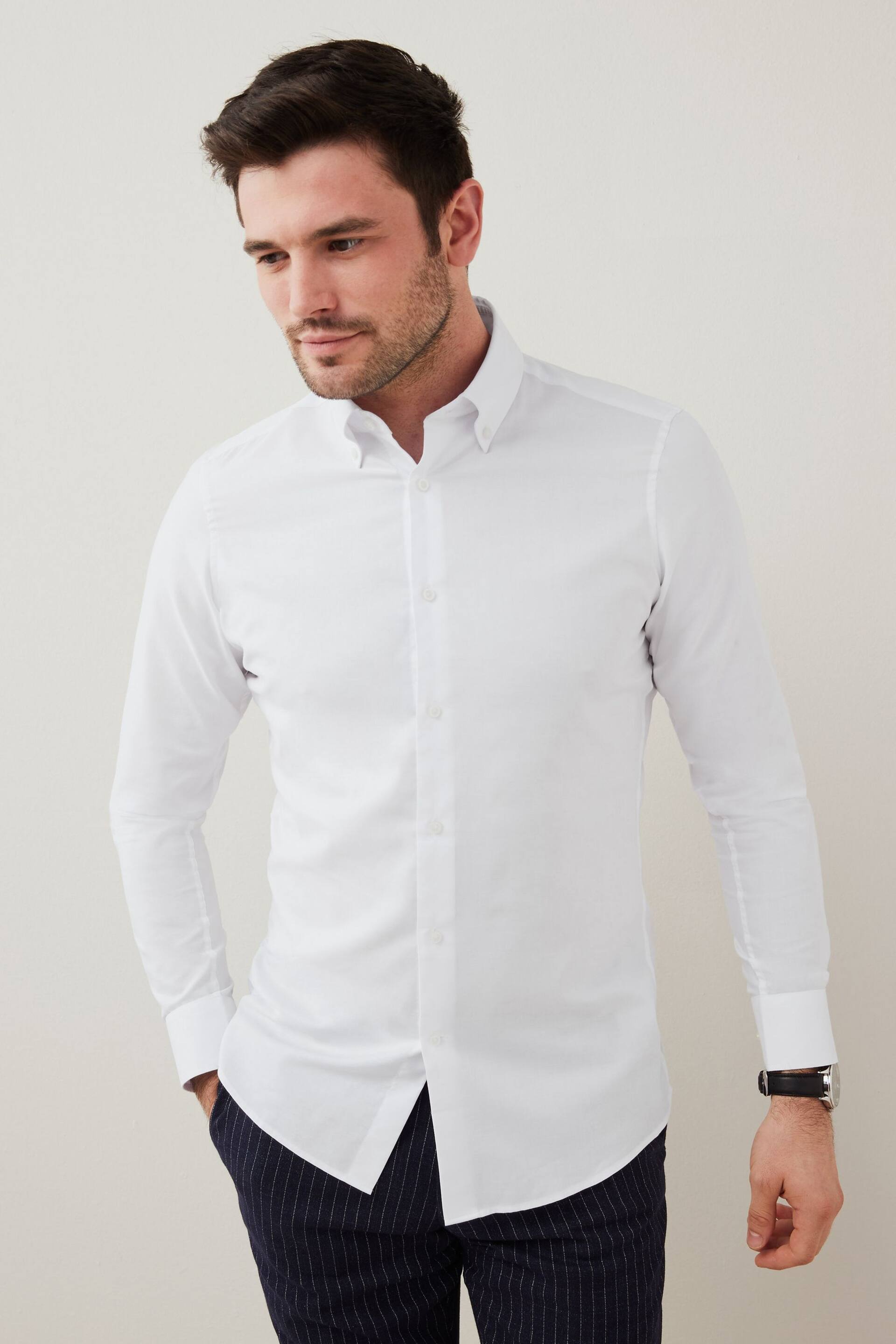 White Skinny Fit Easy Care Single Cuff Oxford Shirt - Image 4 of 9