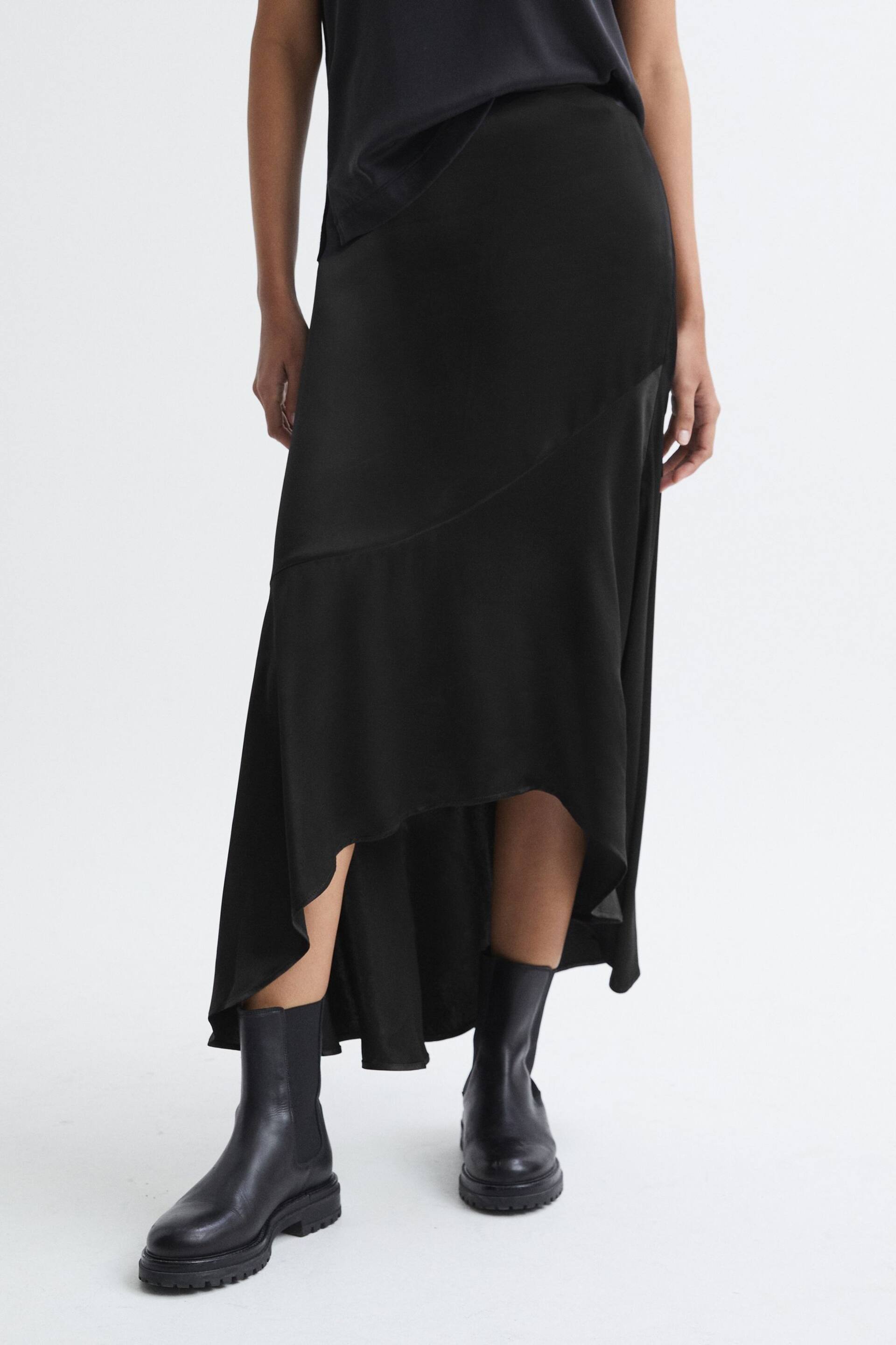 Reiss Black Inga Satin High Rise Midi Skirt - Image 1 of 6