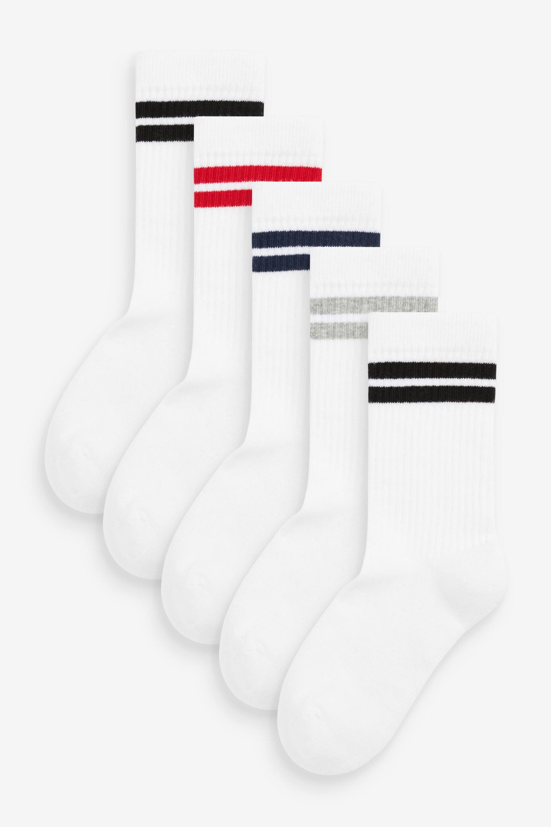 White/Blue/Red Cushioned Footbed Cotton Rich Ribbed Socks 5 Pack - Image 1 of 6