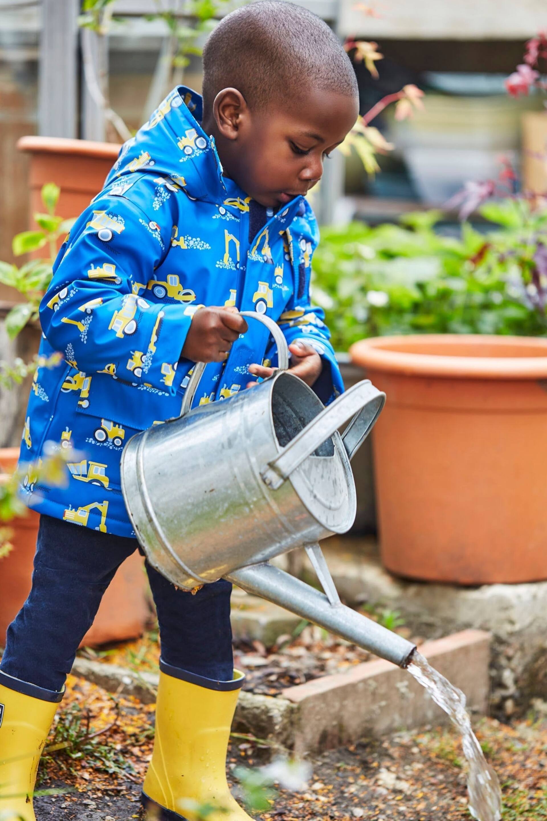 JoJo Maman Bébé Cobalt Blue Digger Print Cosy Waterproof Jacket - Image 1 of 7