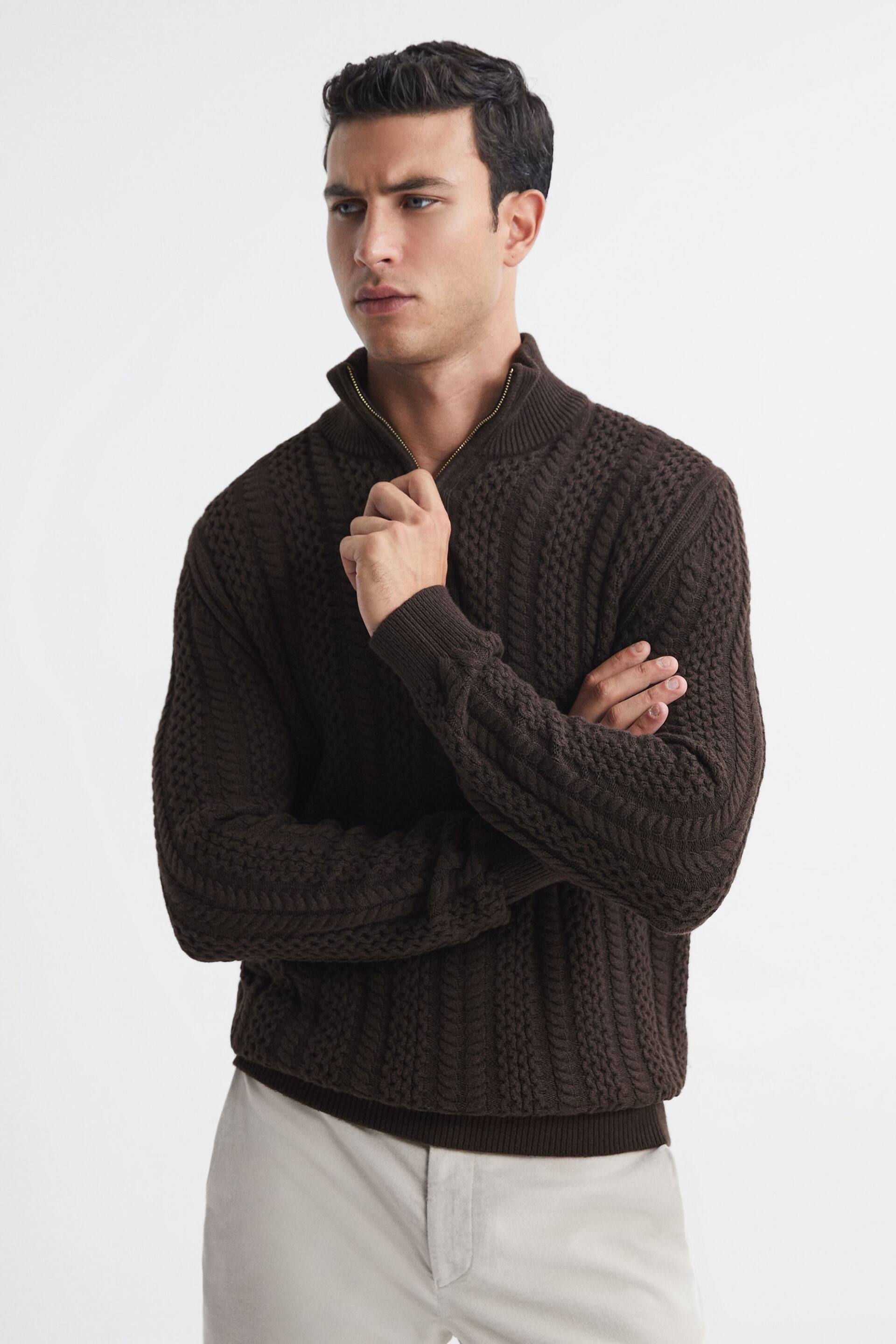 Reiss Chocolate Bantham Cable Knit Half-Zip Funnel Neck Jumper - Image 1 of 5