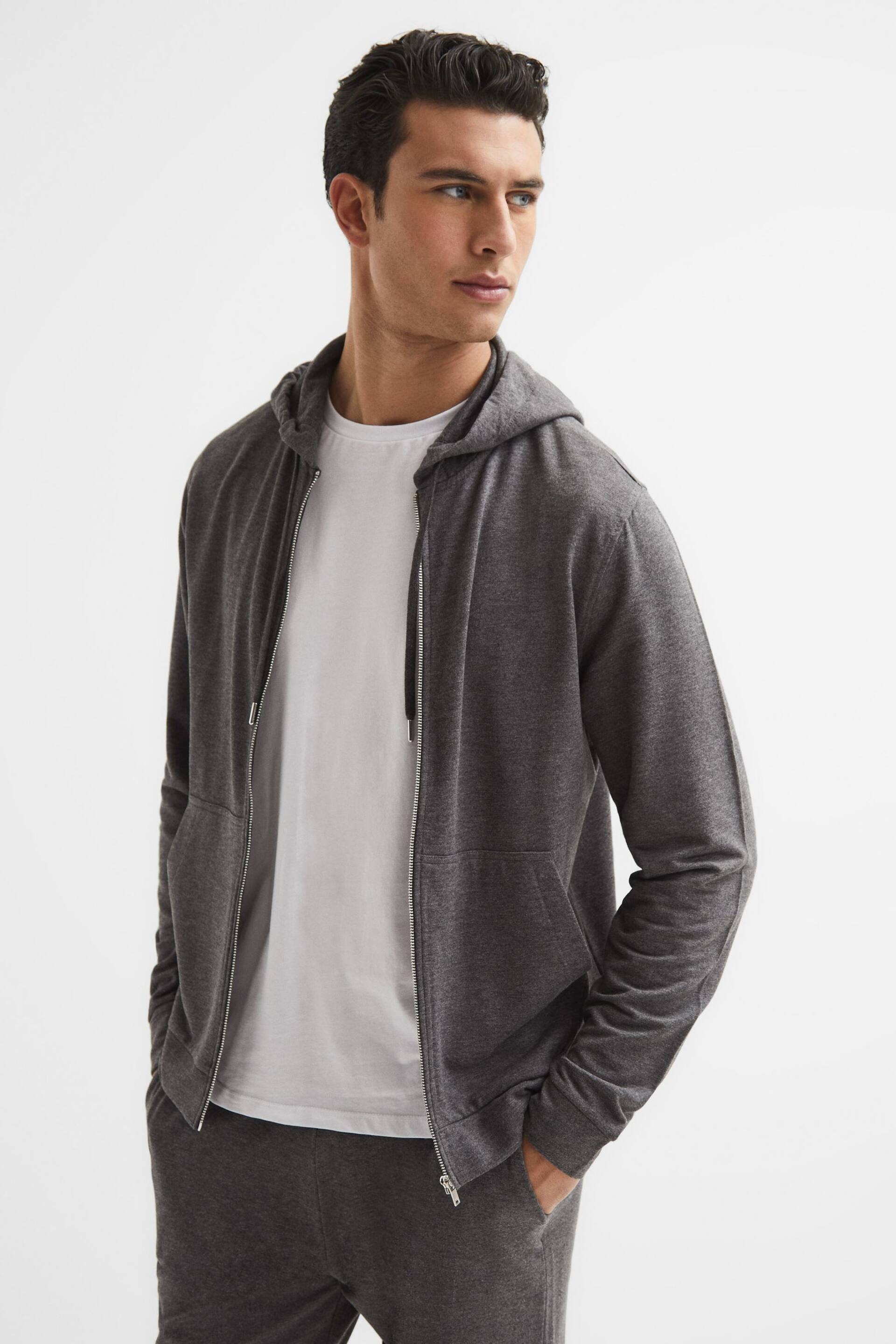 Reiss Dark Grey Greg Melange Zip Through Hoodie - Image 1 of 6