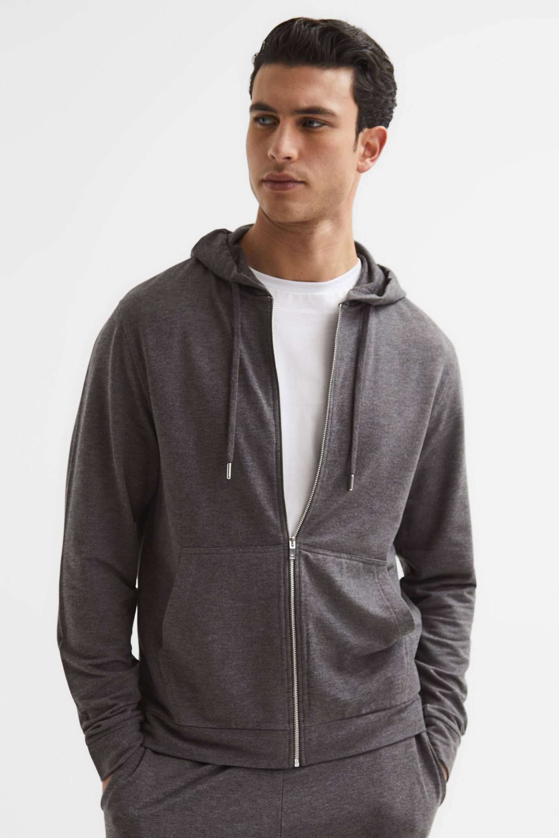 Reiss Dark Grey Greg Melange Zip Through Hoodie - Image 6 of 6