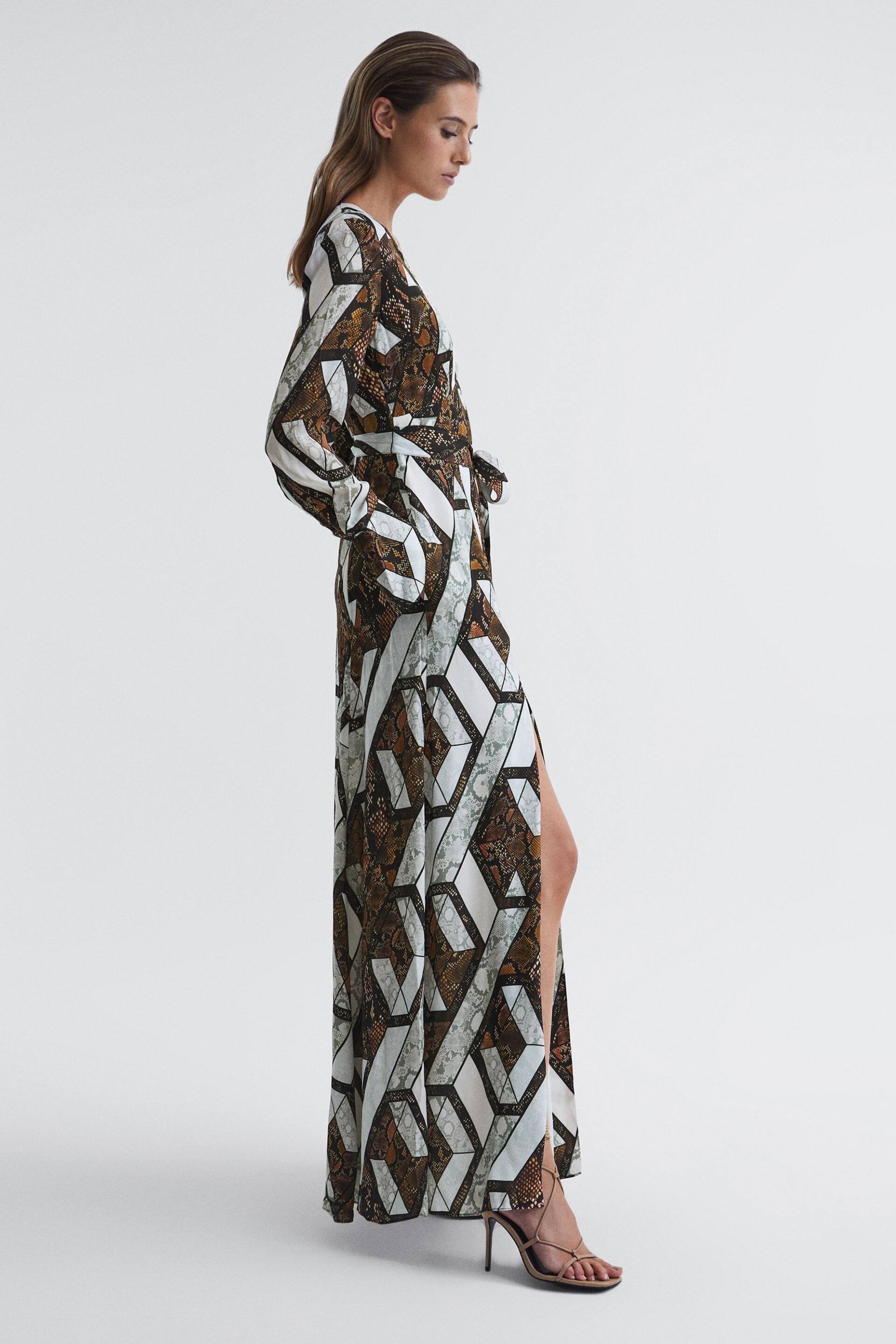 Reiss Brown Loren Petite Snake Print Plunge Maxi Dress - Image 1 of 9